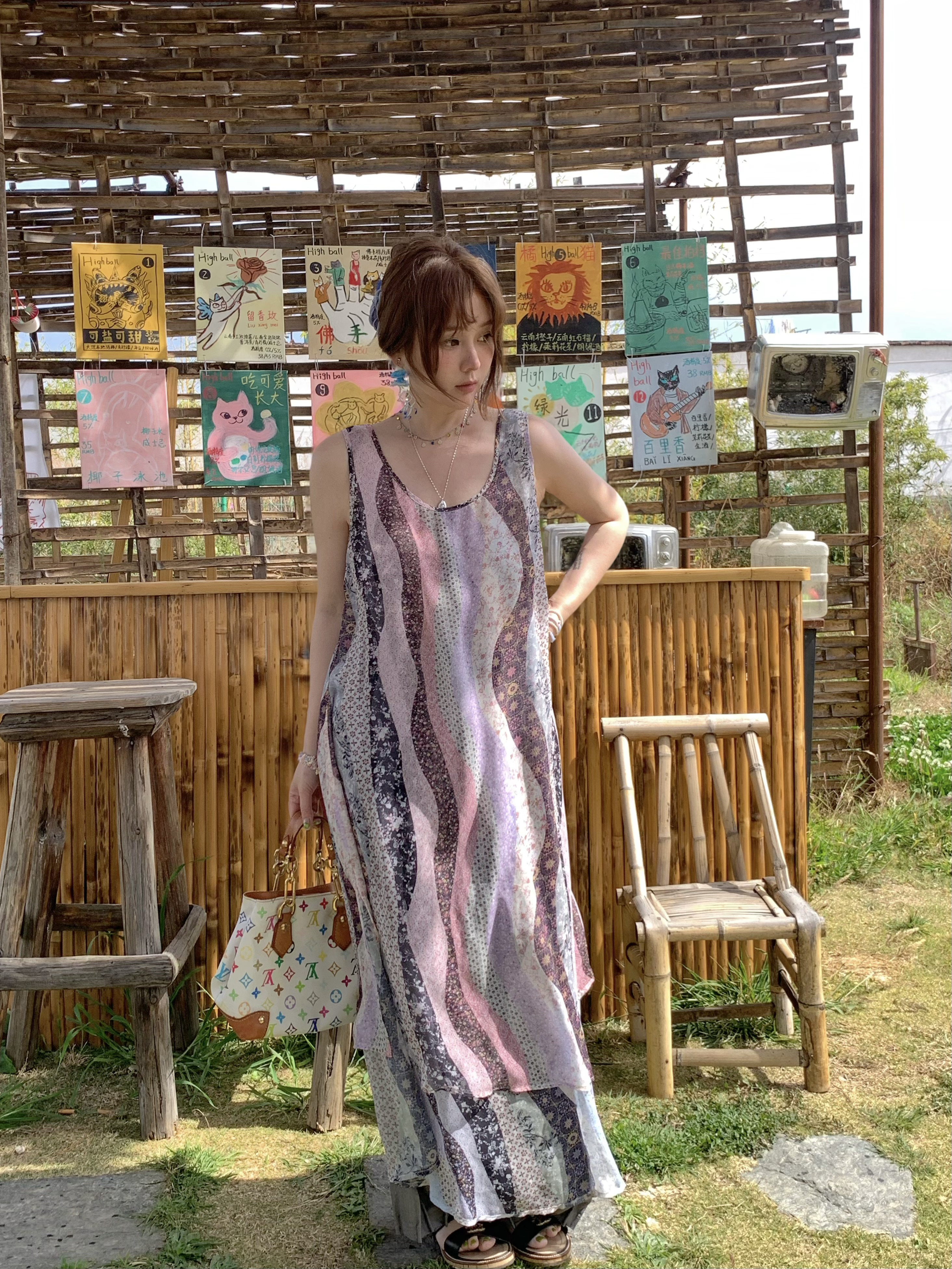 Green Field Ripples Retro Patchwork Chiffon Layered Dress for Women - Vintage Summer Forest Style Long Dress