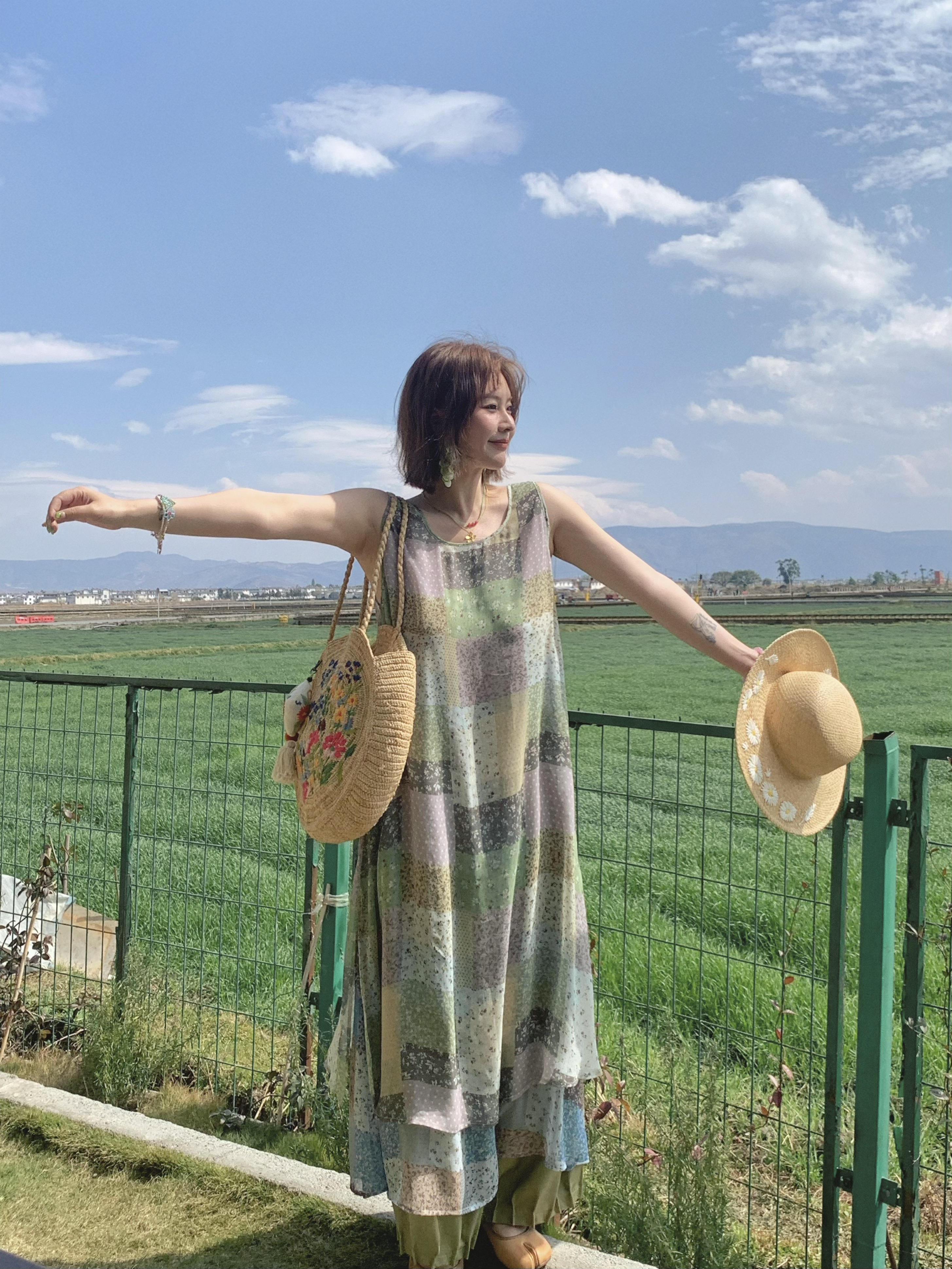 Green Field Ripples Retro Patchwork Chiffon Layered Dress for Women - Vintage Summer Forest Style Long Dress