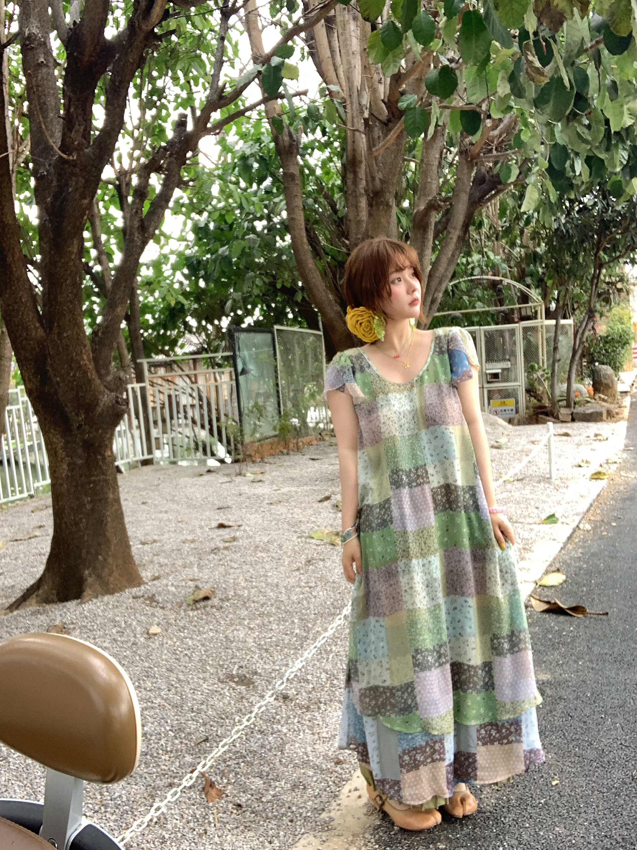Green Field Ripples Retro Patchwork Chiffon Layered Dress for Women - Vintage Summer Forest Style Long Dress