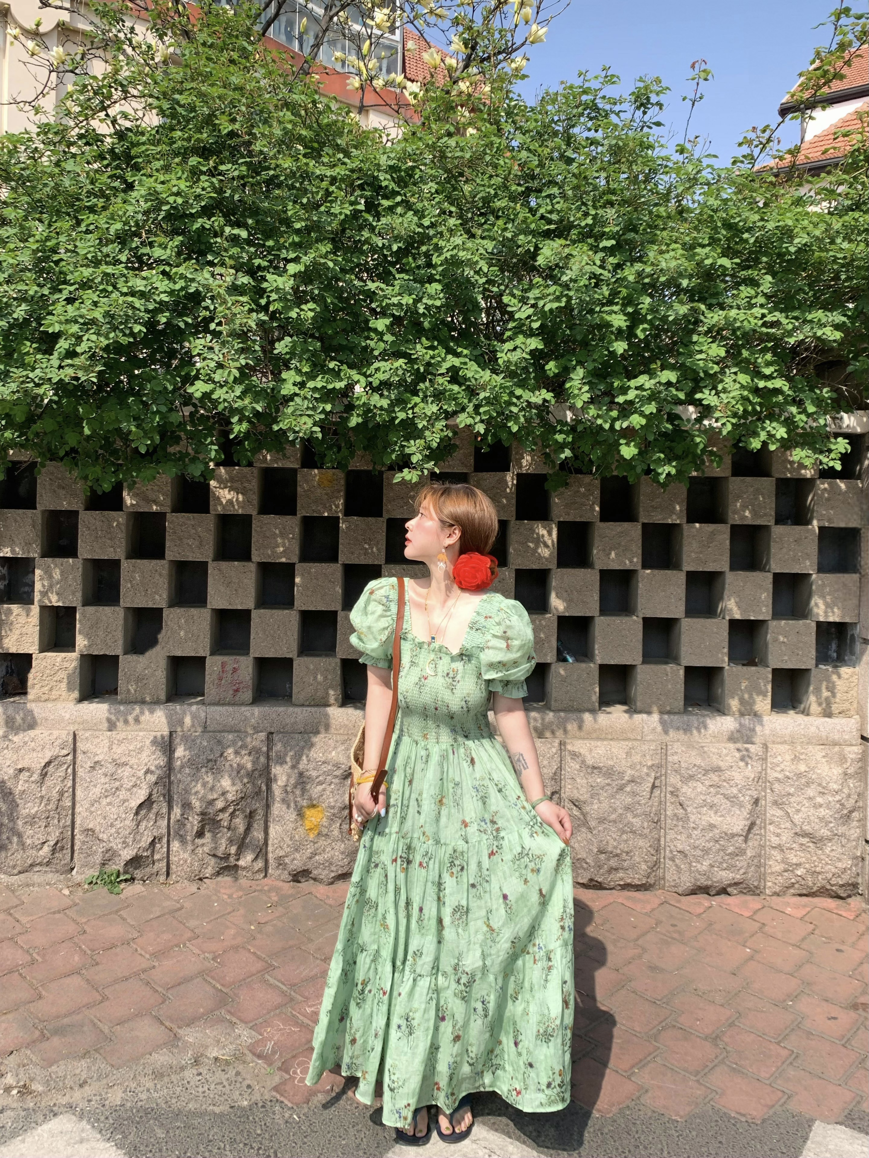 Green Grapefruit Lemon Tea Floral Linen Dress for Women - Vintage Summer Puff Sleeve Long Dress