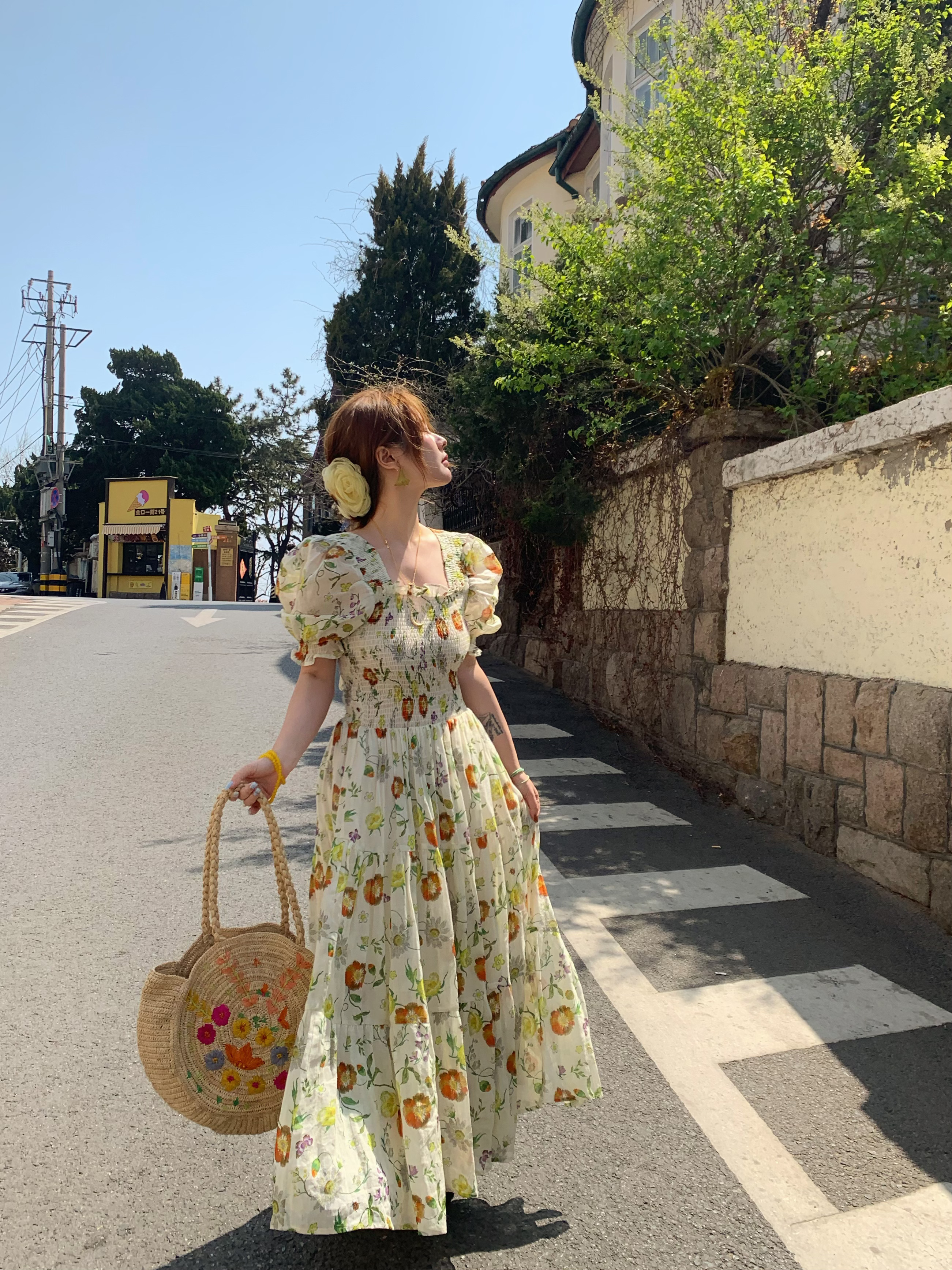 Green Grapefruit Lemon Tea Floral Linen Dress for Women - Vintage Summer Puff Sleeve Long Dress