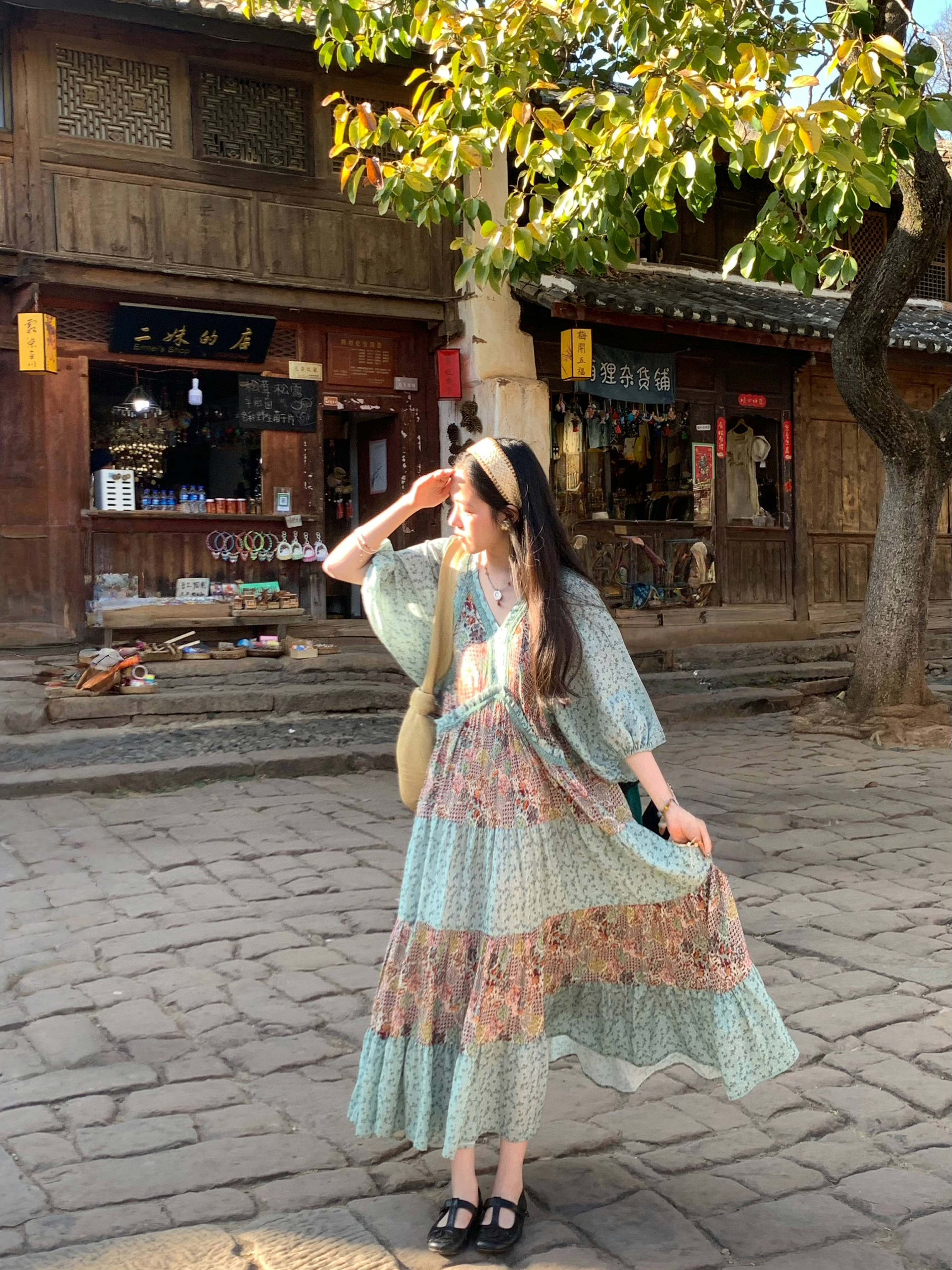 Green Retro V-Neck Dress for Women - Bohemian Long Skirt, Vintage Style, Spring Fashion, Summer of the Cicada