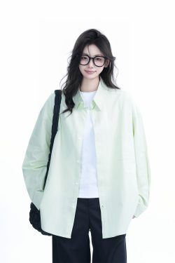 Green Solid Color Long Sleeve Shirt for Women - "Sit and Eat Until the Mountains Are Empty" Mambo Wind - Spring Loose Fit Fashion Trend