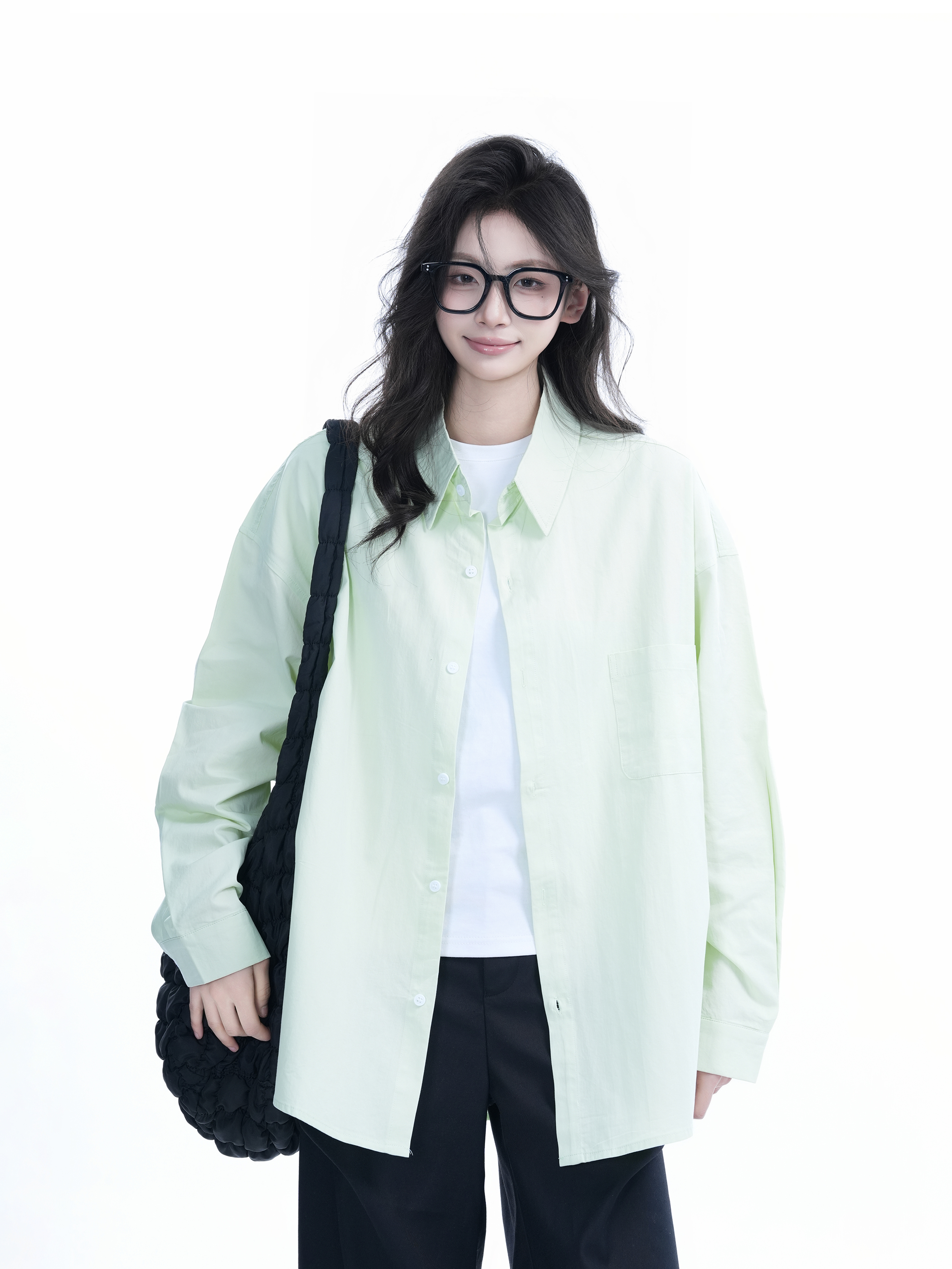Green Solid Color Long Sleeve Shirt for Women - "Sit and Eat Until the Mountains Are Empty" Mambo Wind - Spring Loose Fit Fashion Trend