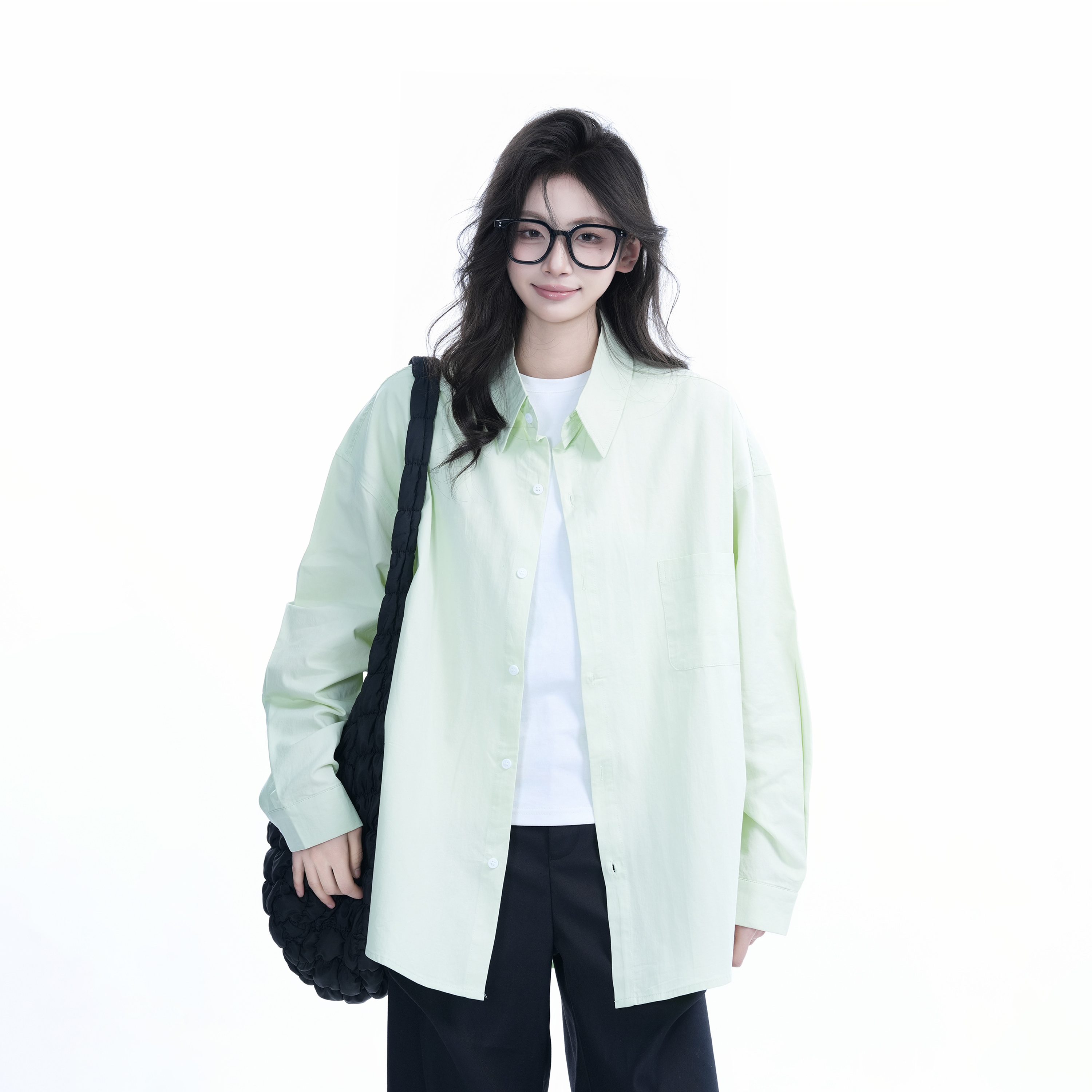 Green Solid Color Long Sleeve Shirt for Women - "Sit and Eat Until the Mountains Are Empty" Mambo Wind - Spring Loose Fit Fashion Trend