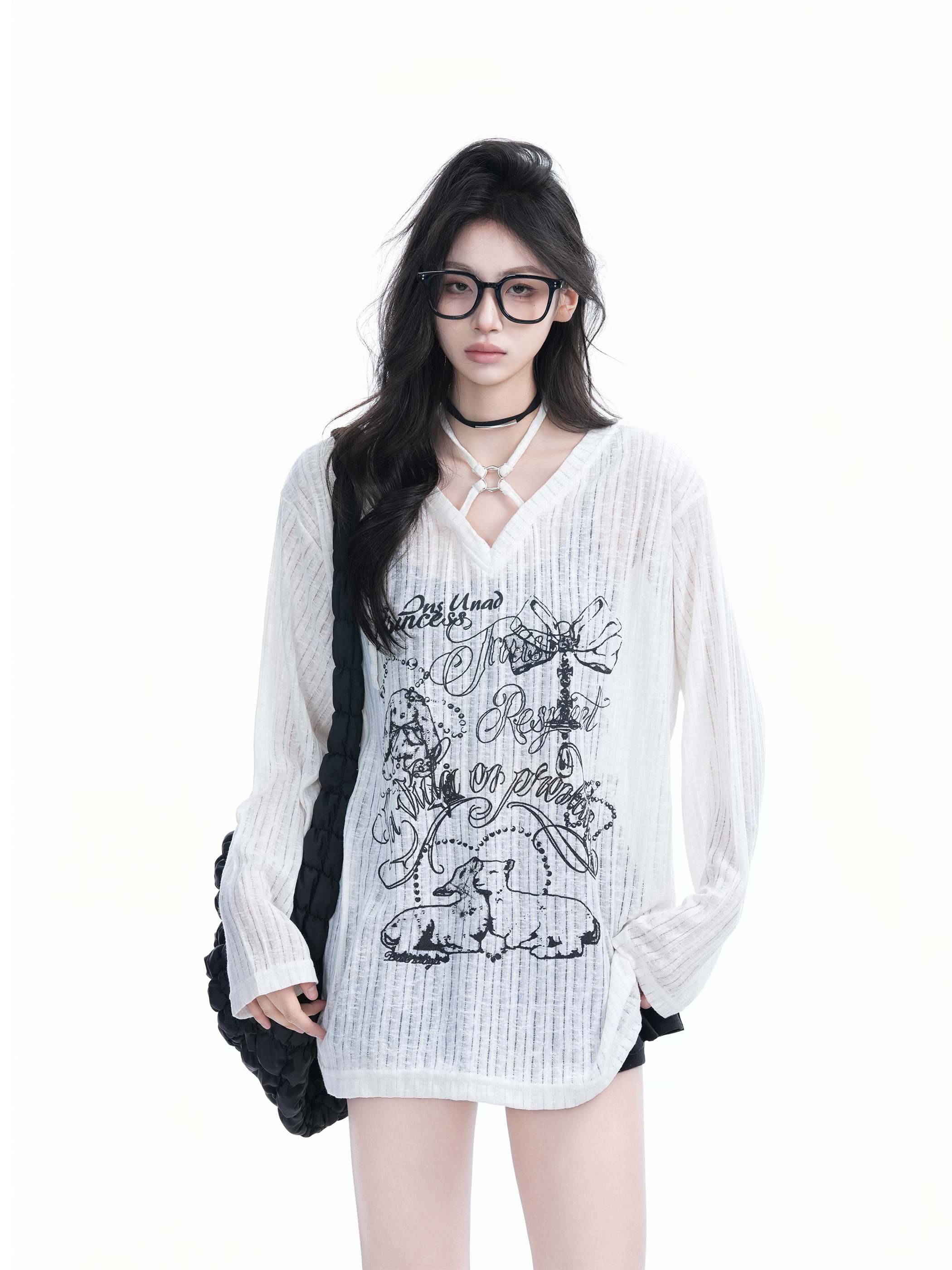 Hand-Painted Graffiti Long Sleeve T-Shirt for Women - American Streetwear, Sun Protection, Loose Fit, Perfect for Y2K Style