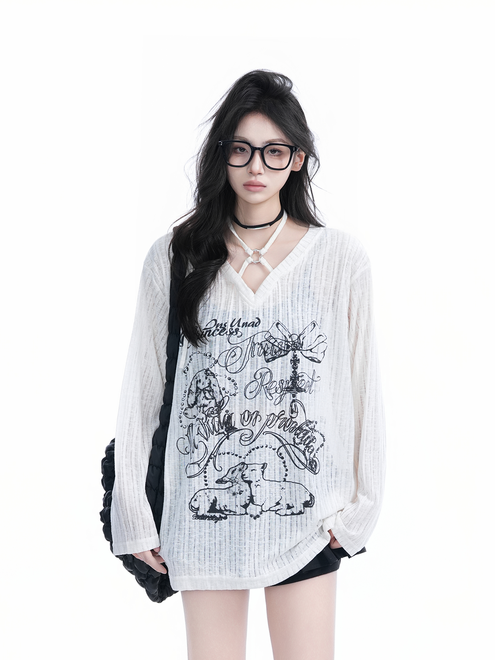 Hand-Painted Graffiti Long Sleeve T-Shirt for Women - American Streetwear, Sun Protection, Loose Fit, Perfect for Y2K Style