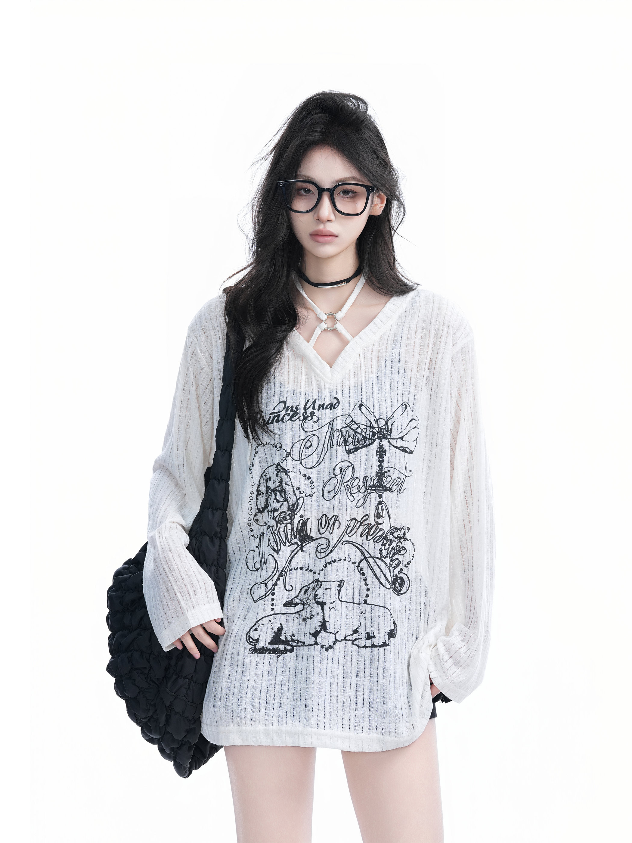 Hand-Painted Graffiti Long Sleeve T-Shirt for Women - American Streetwear, Sun Protection, Loose Fit, Perfect for Y2K Style