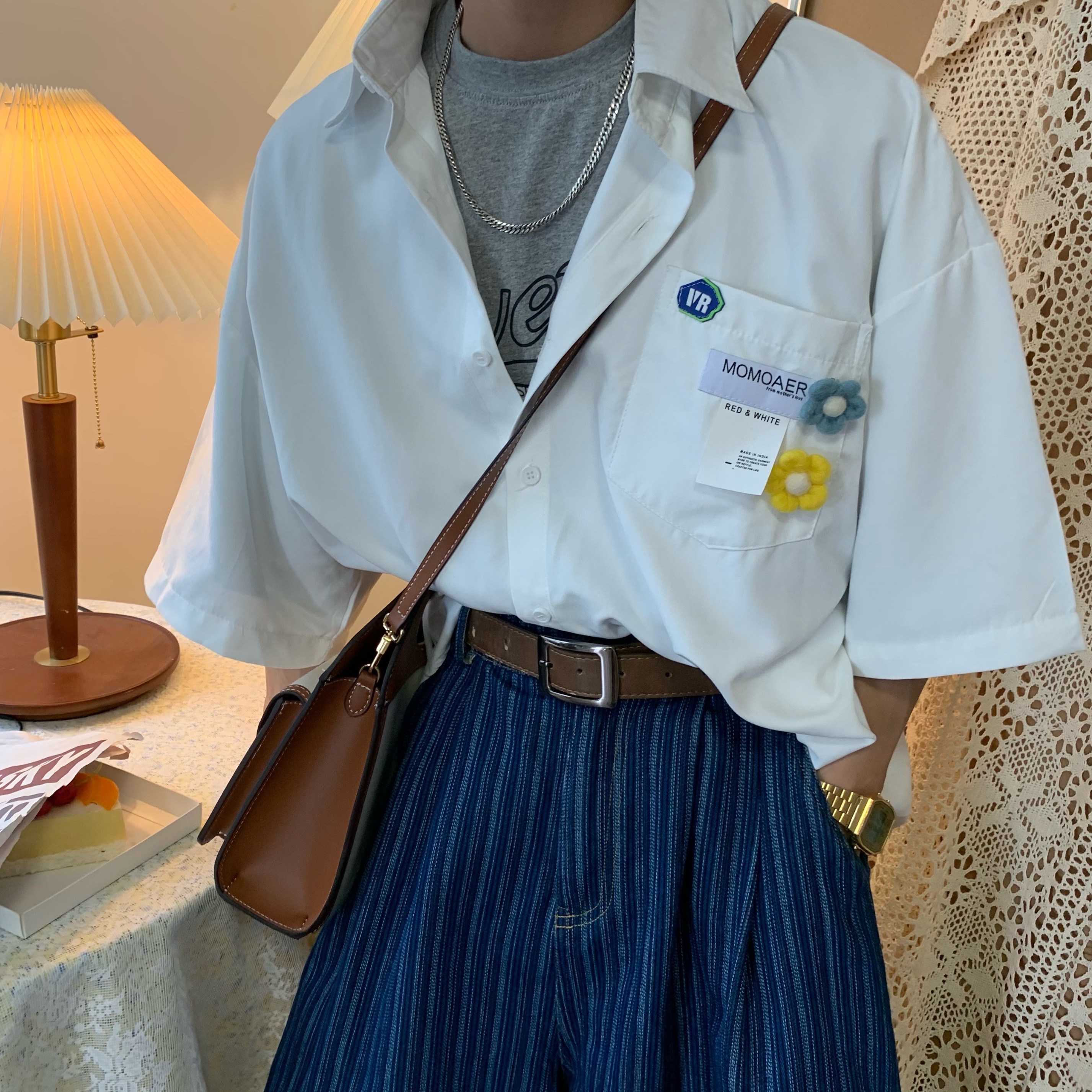 Handmade Brooch Flower Loose Shirt - Lake Blue Solid Color Short Sleeve Top for Students - Versatile Fashion Essential