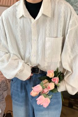 Handmade French Vintage Hollowed Long Sleeve Shirt - Autumn Lazy Style Loose Trendy Top for a Chic 90s-Inspired Look