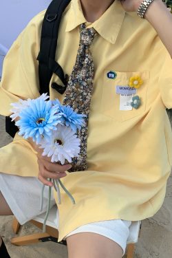 Handmade Pin Flower Loose Shirt in Lake Blue - Versatile Solid Color Short Sleeve Top for Students, Trendy and Stylish