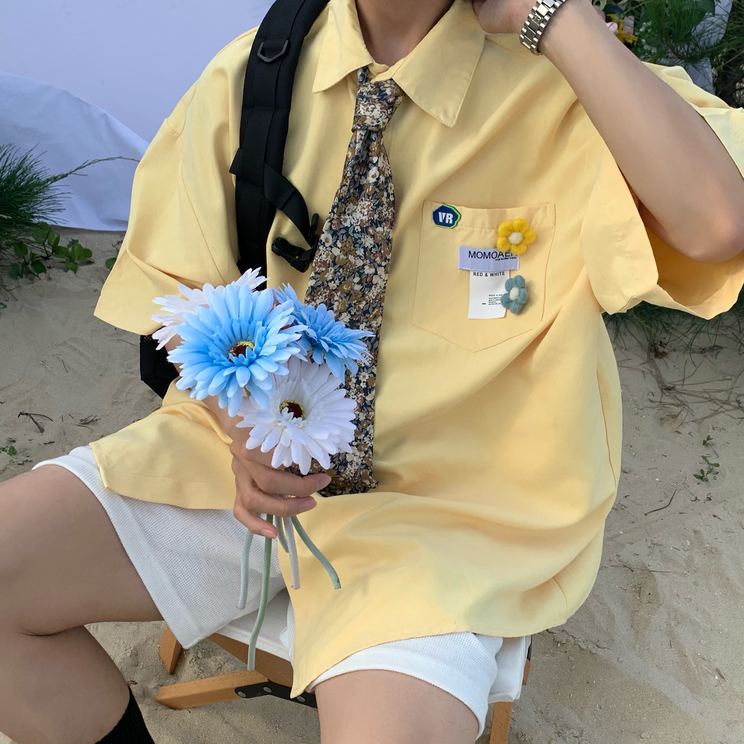 Handmade Pin Flower Loose Shirt in Lake Blue - Versatile Solid Color Short Sleeve Top for Students, Trendy and Stylish