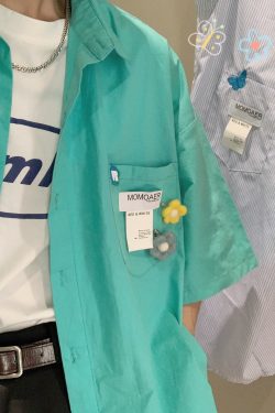 Handmade Pin Flower Loose Shirt in Lake Blue - Versatile Solid Color Short Sleeve Top for Students, Trendy and Stylish