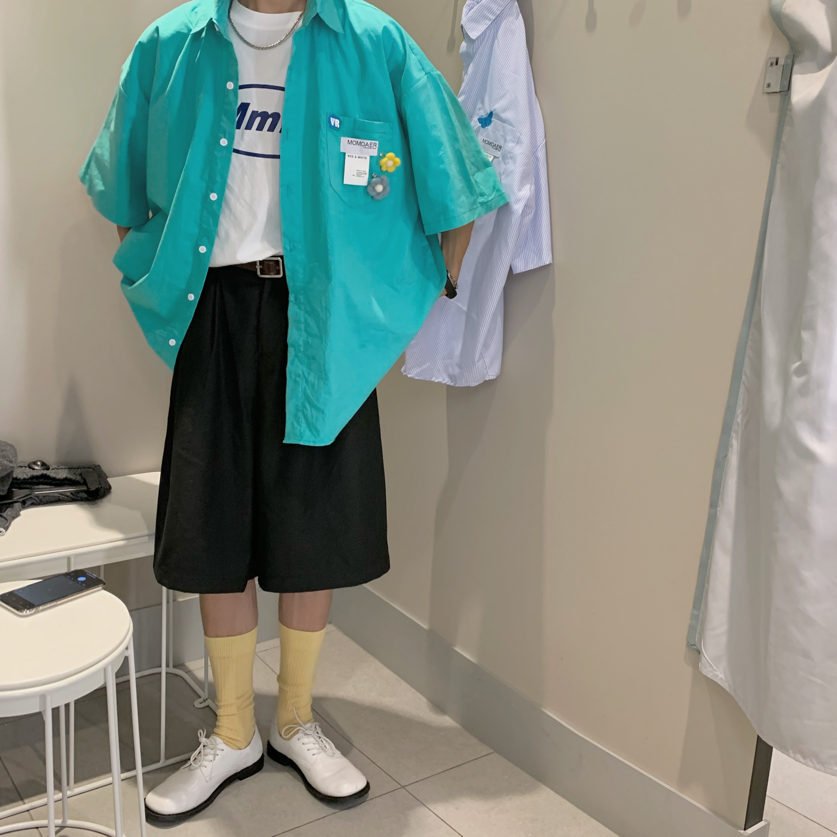 Handmade Pin Flower Loose Shirt in Lake Blue - Versatile Solid Color Short Sleeve Top for Students, Trendy and Stylish