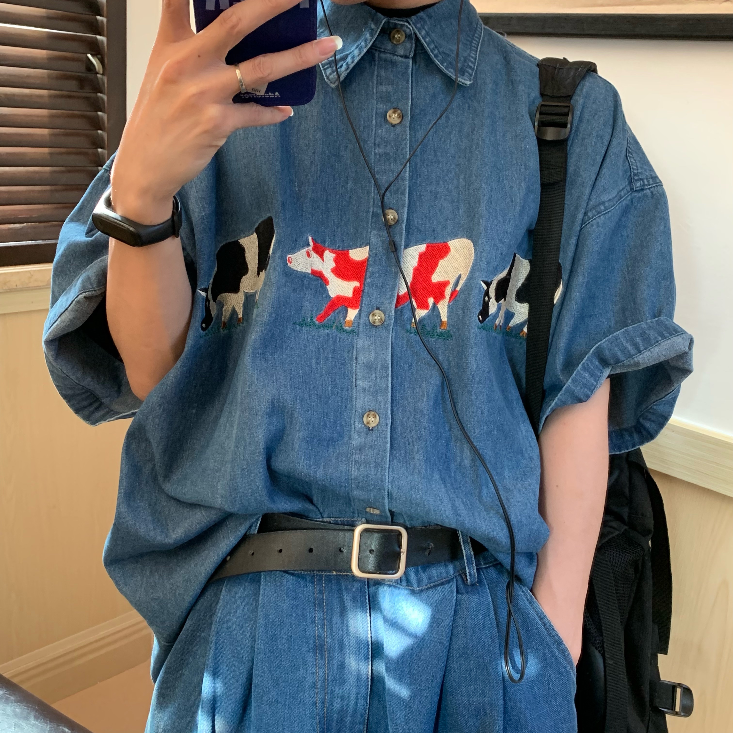 Handmade Retro Cow Embroidery Washed Denim Short Sleeve Shirt for Couples - 2025 Summer Streetwear Fashion