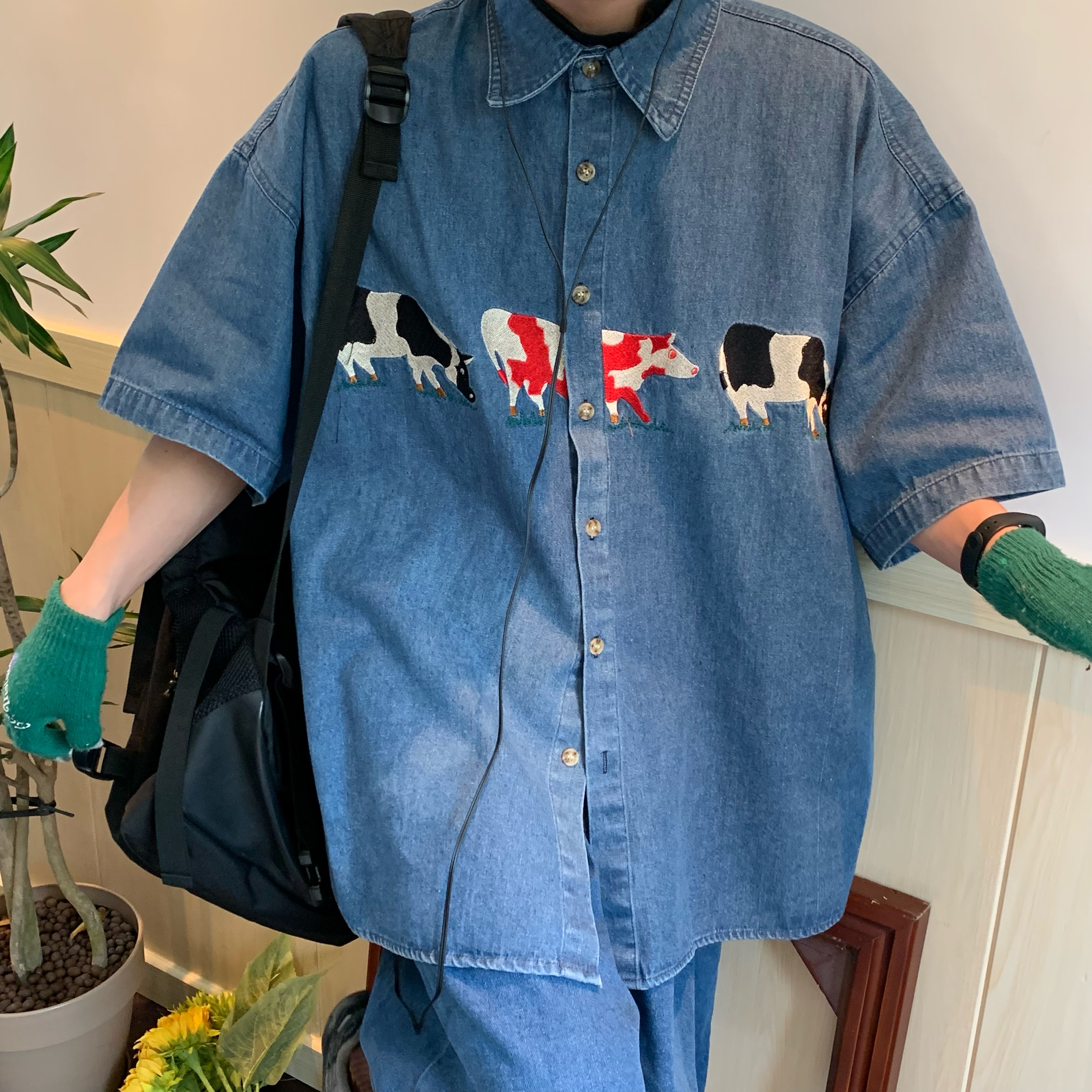 Handmade Retro Cow Embroidery Washed Denim Short Sleeve Shirt for Couples - 2025 Summer Streetwear Fashion