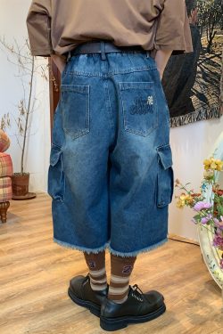 Handmade Retro Denim Workwear Capris with Big Pockets, Cat Whiskers, Versatile Wide-Leg Straight Embroidered Loose Pants for Y2K Style