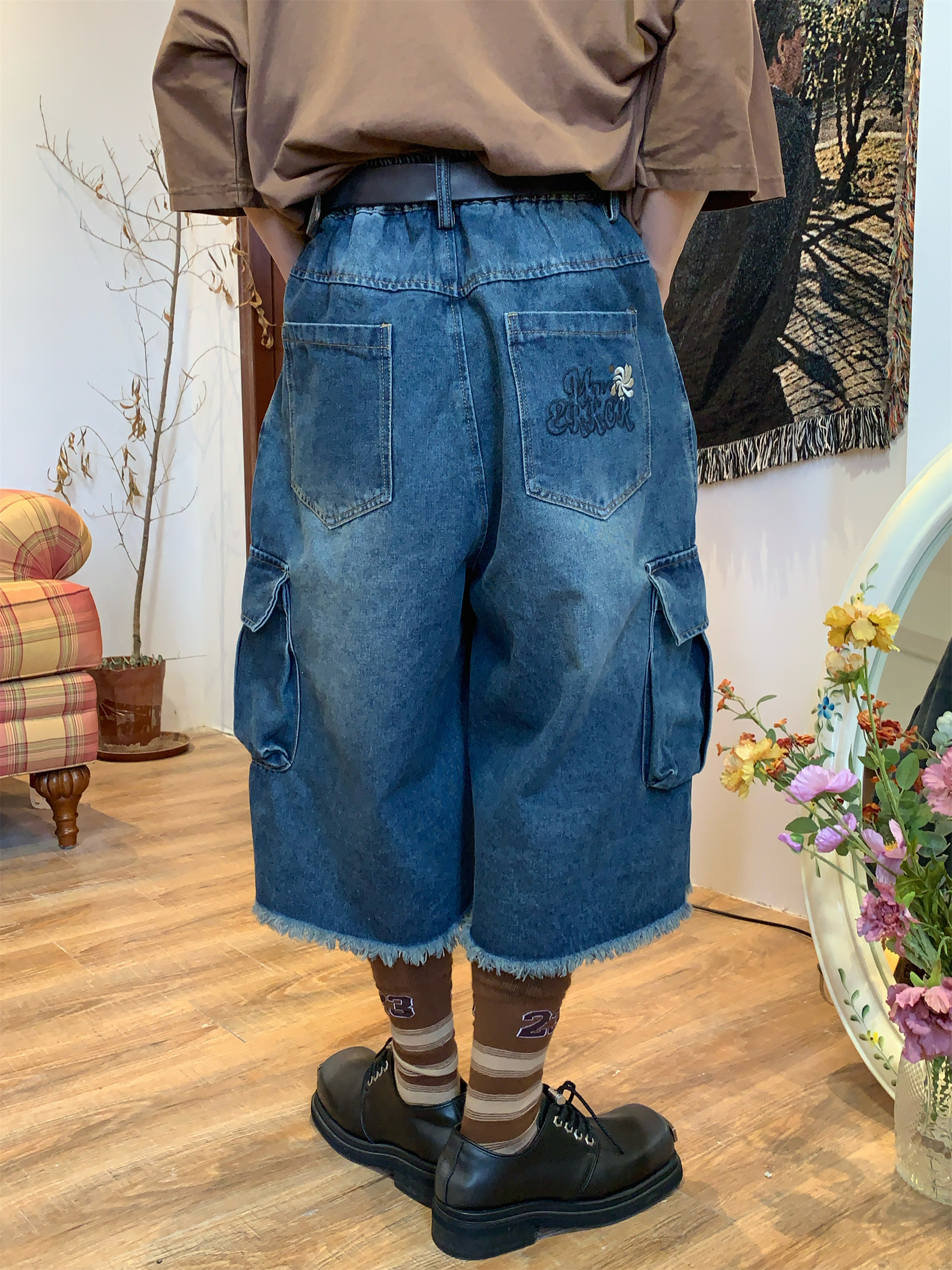 Handmade Retro Denim Workwear Capris with Big Pockets, Cat Whiskers, Versatile Wide-Leg Straight Embroidered Loose Pants for Y2K Style