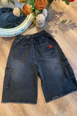 Handmade Retro Denim Workwear Capris with Big Pockets, Cat Whiskers, Versatile Wide-Leg Straight Embroidered Loose Pants for Y2K Style