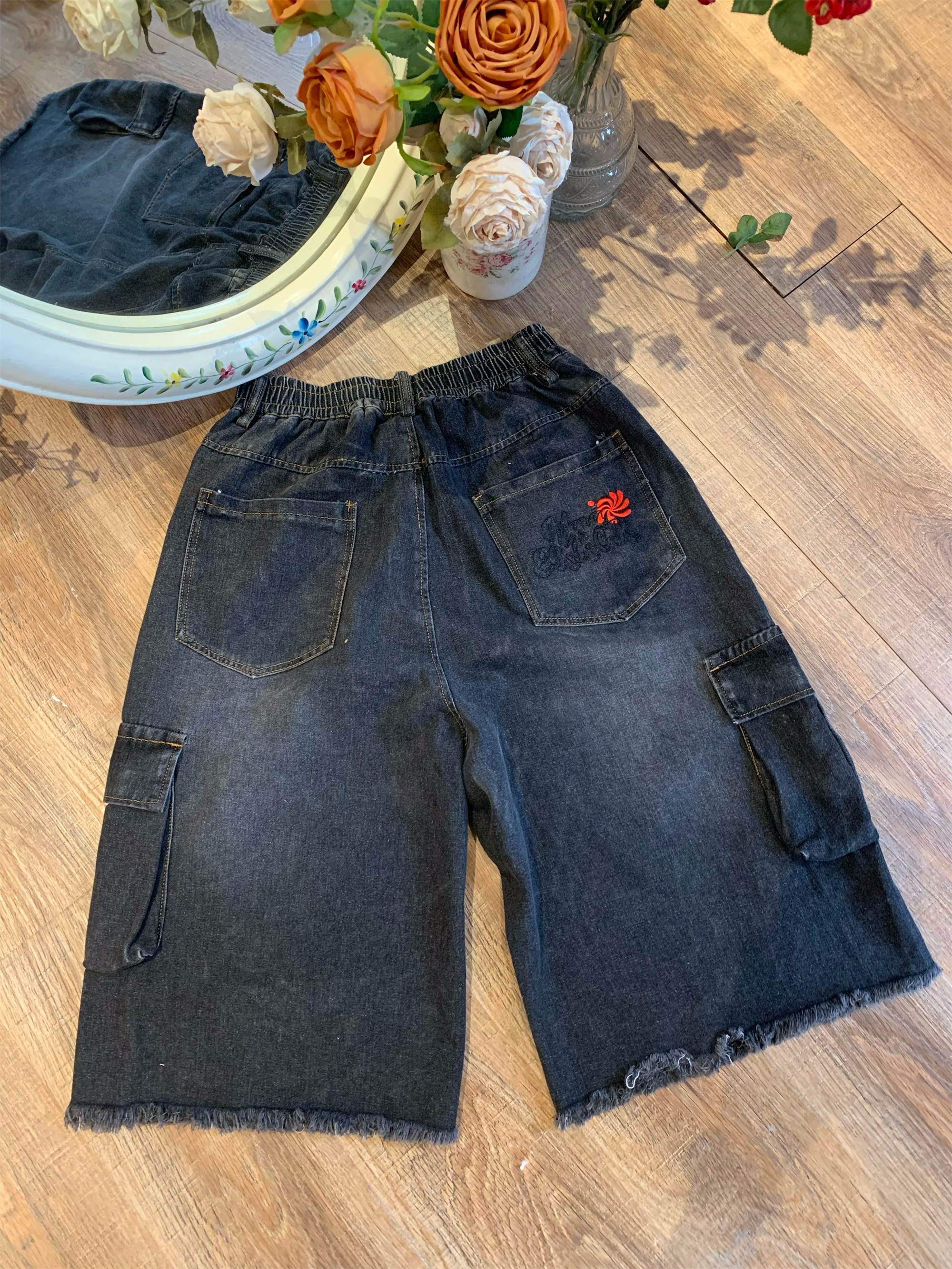 Handmade Retro Denim Workwear Capris with Big Pockets, Cat Whiskers, Versatile Wide-Leg Straight Embroidered Loose Pants for Y2K Style