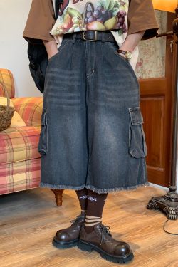 Handmade Retro Denim Workwear Capris with Big Pockets, Cat Whiskers, Versatile Wide-Leg Straight Embroidered Loose Pants for Y2K Style