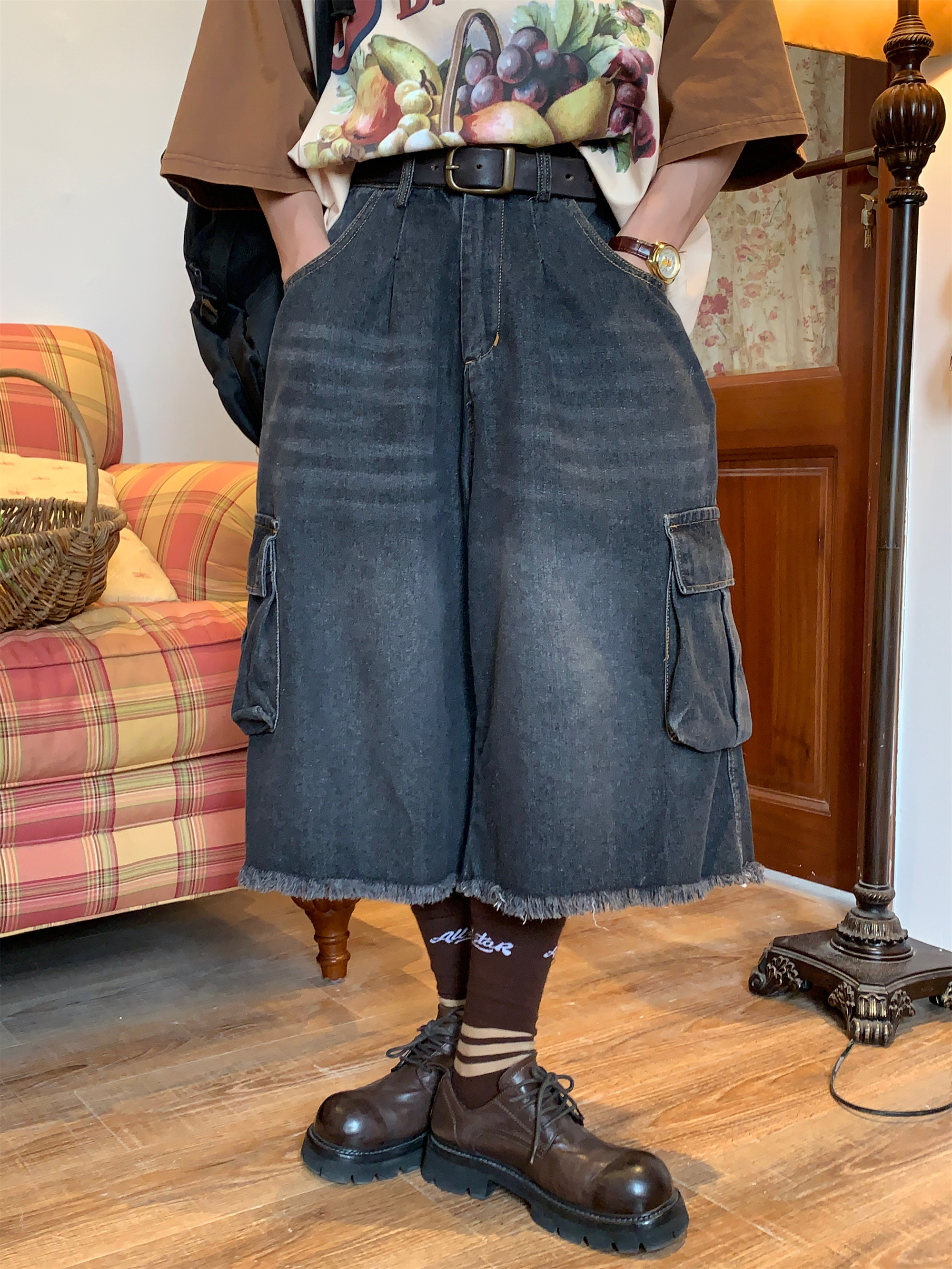 Handmade Retro Denim Workwear Capris with Big Pockets, Cat Whiskers, Versatile Wide-Leg Straight Embroidered Loose Pants for Y2K Style