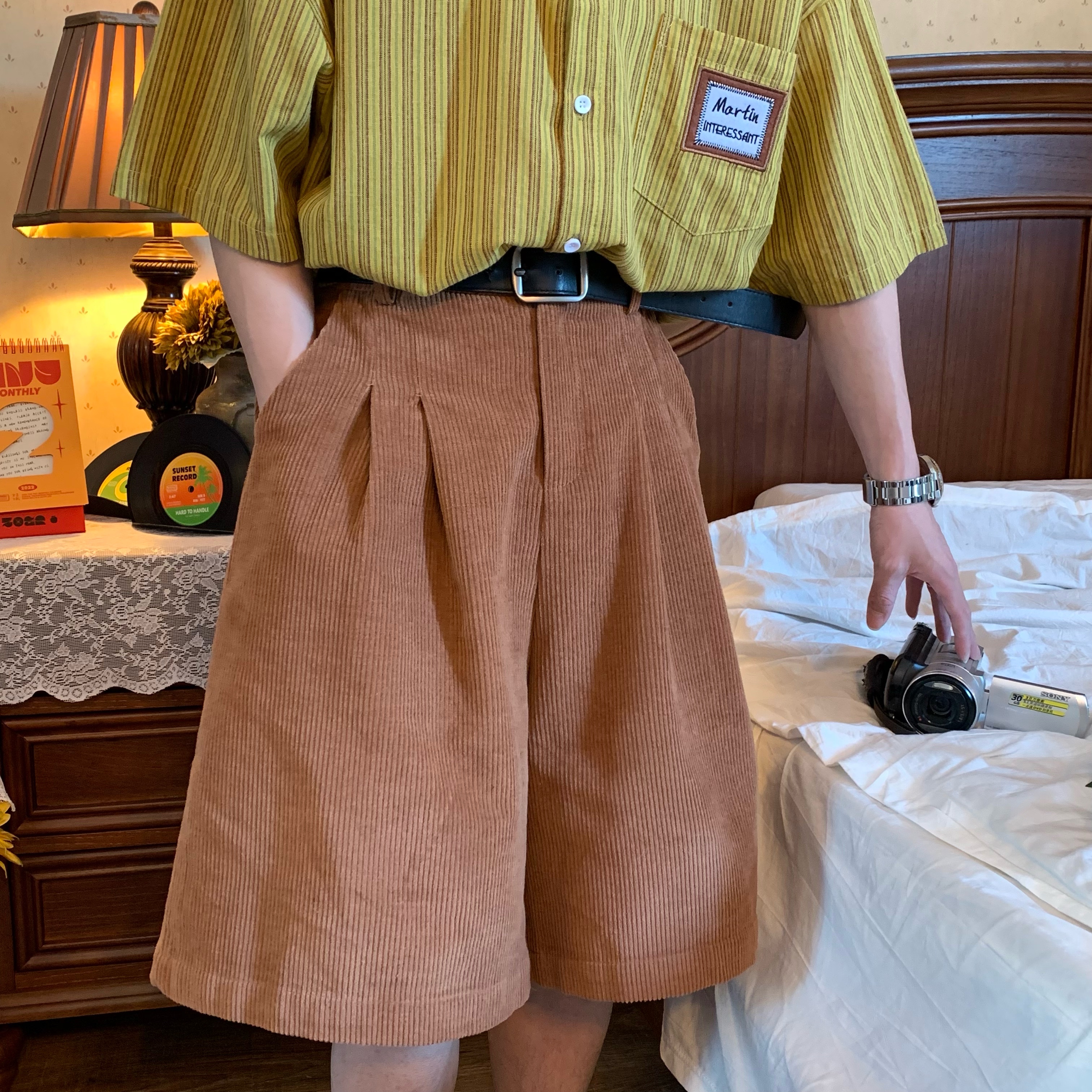 Handmade Retro Wide-Leg Corduroy Shorts for Summer - Casual Unisex Straight Pants, Versatile and Comfortable Fashion Essential
