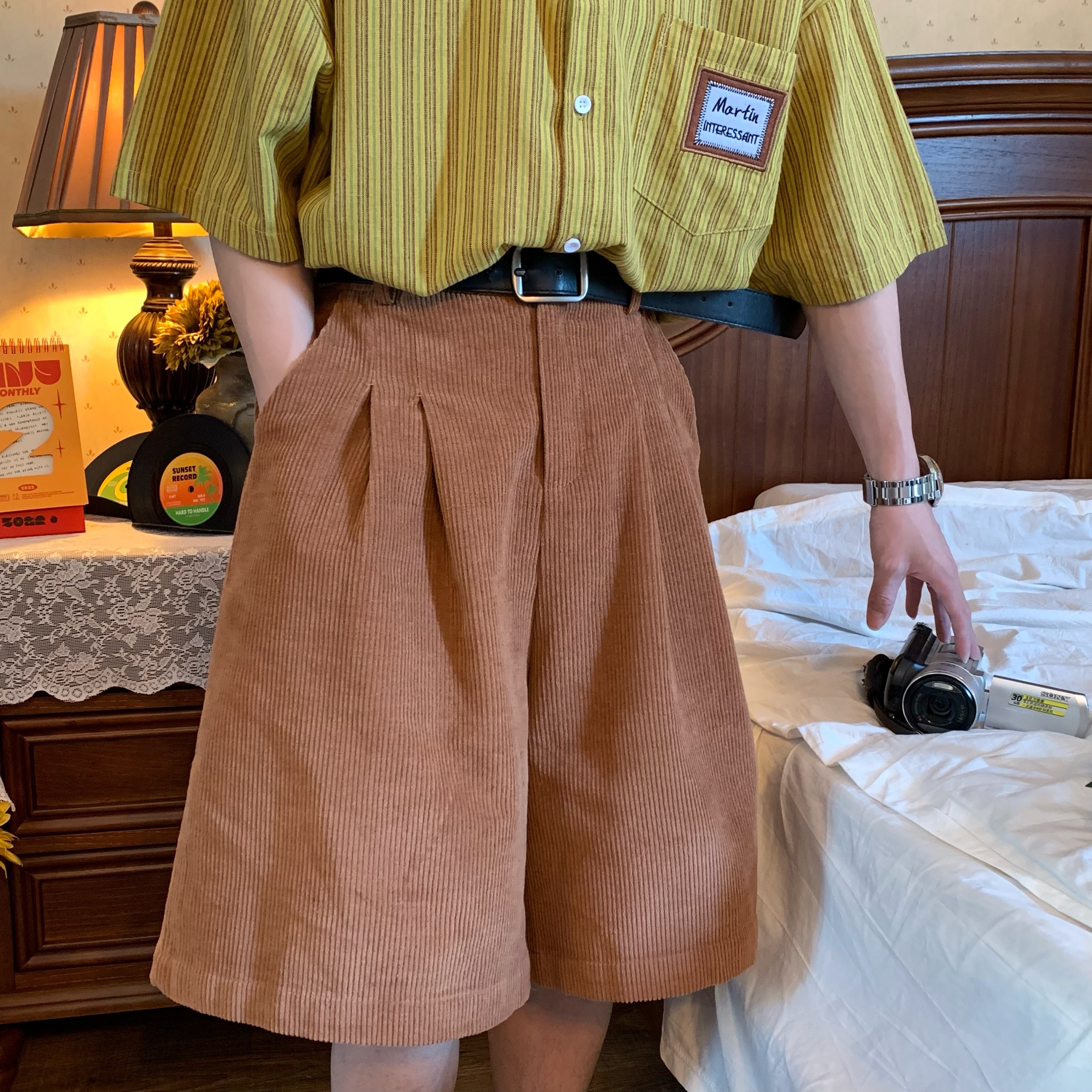 Handmade Retro Wide-Leg Corduroy Shorts for Summer - Casual Unisex Straight Pants, Versatile and Comfortable Fashion Essential