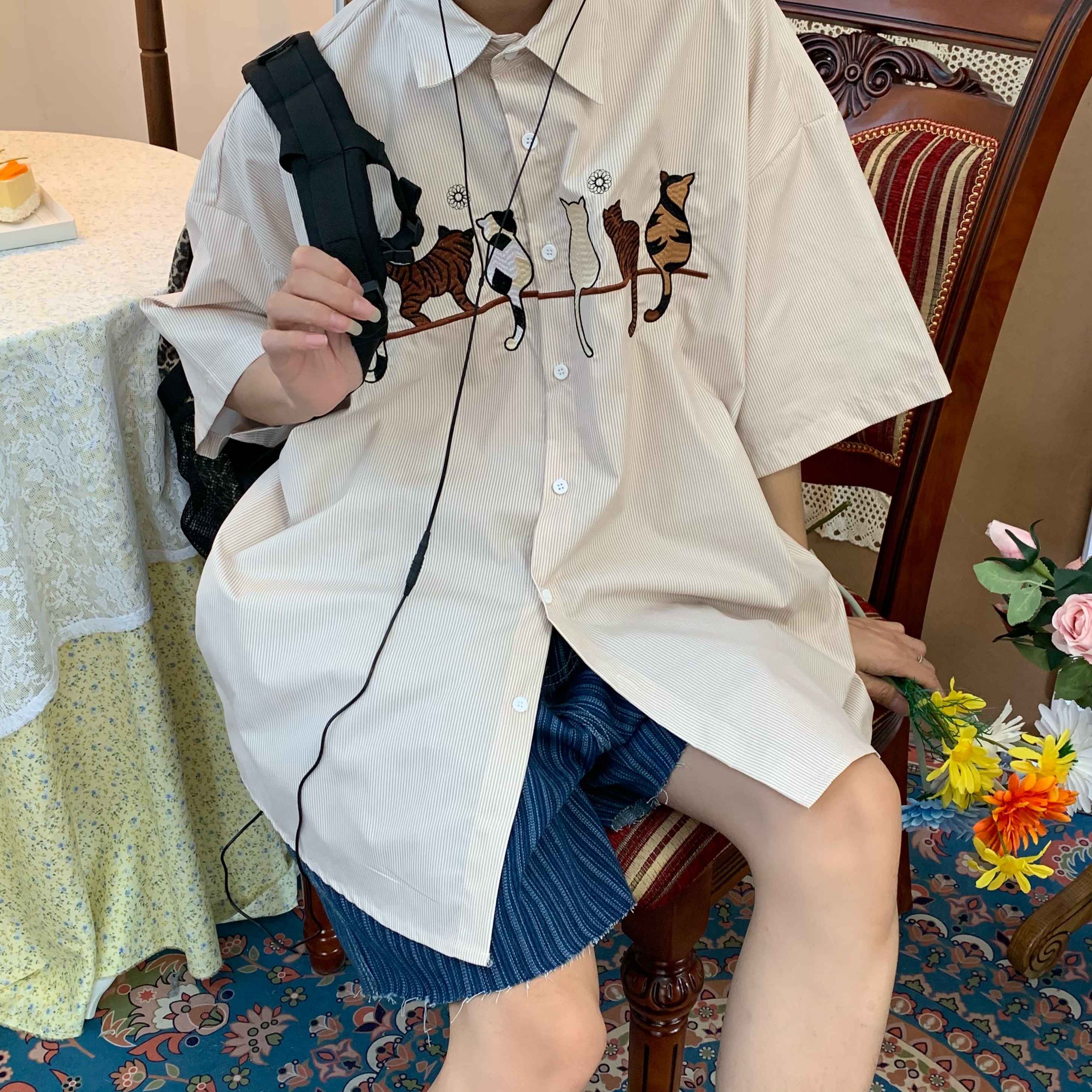 Handmade Striped Cat Embroidery Vintage Shirt - Trendy Retro Summer Top for Couples - Short Sleeve Hong Kong Style Fashion