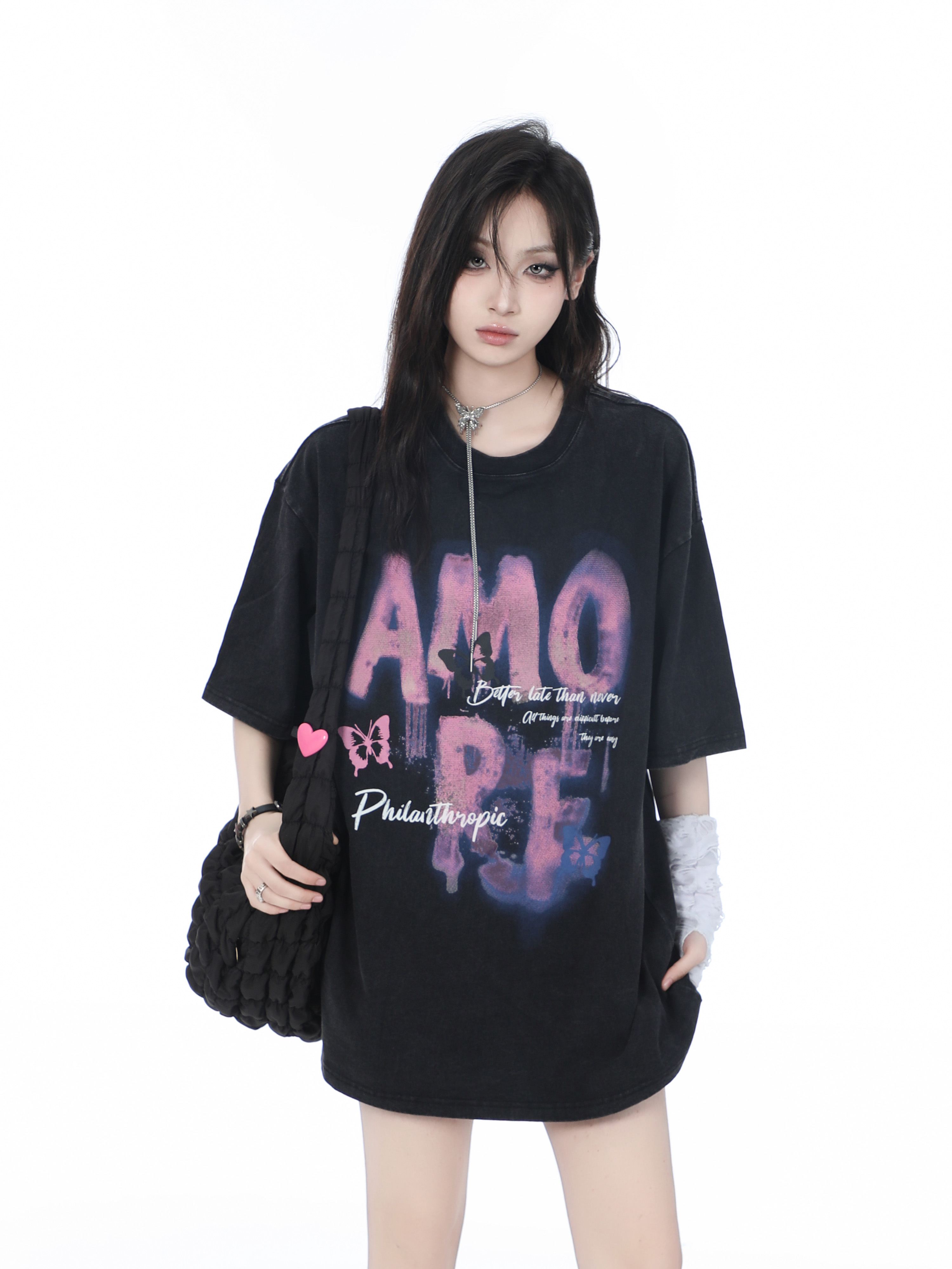 Heavy-Duty Washed Cotton Short-Sleeve T-Shirt for Women - American Trendy Summer Loose Fit, INS Style, Casual Mountain Print