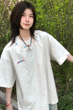 High-End American Minimalist Embroidered Letter Heavyweight Short Sleeve T-Shirt for Women - Summer 2025 Couple's Style Top