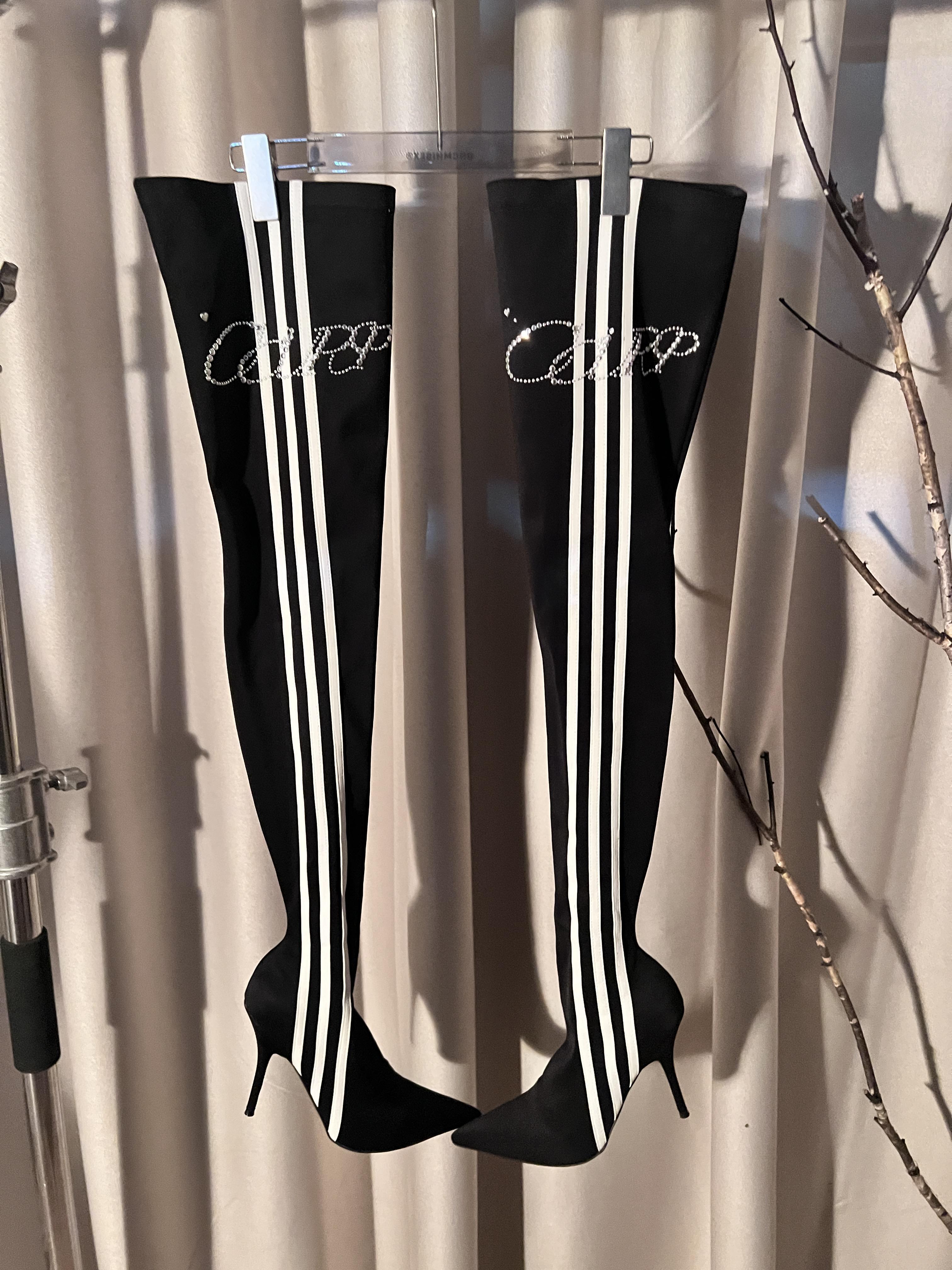 High Heeled Long Boots for Women - Slim Three Stripes Design with Rhinestones, Elastic Fit, Autumn/Winter Fashion, Hot Girl Style