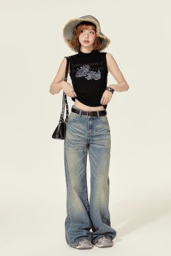 High-Neck Printed Black T-Shirt Top for Women - Spicy Girl Summer Vest, Slim Fit American Style, Trendy and Chic