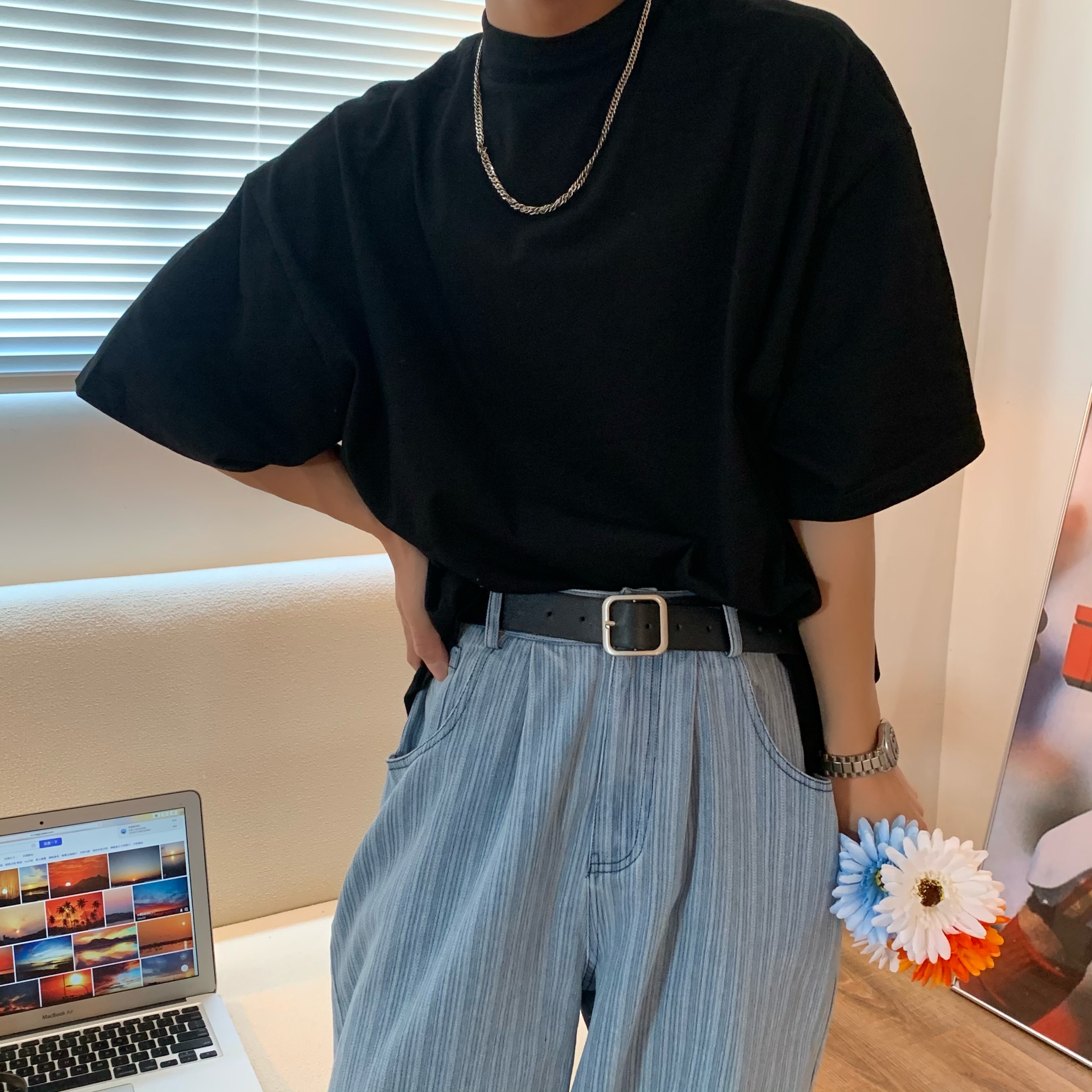 High Neck Solid Color T-Shirt - Handmade Korean Style Small Short Sleeve Tee for Trendy Summer Layering
