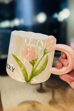 High-Quality Tulip Ceramic Coffee Mug - Ins Style Fresh Water Cup, Perfect Gift for Girl's Birthday