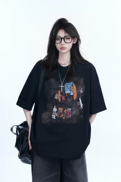High Street Graffiti Short-Sleeve T-Shirt for Women - Casual Loose-Fit Summer Tee with 