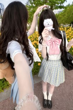 High Waist A-Line Plaid Skirt for Women - Shallow Summer JK Uniform Style, Japanese College Fashion, Cute Pudding Bear Design