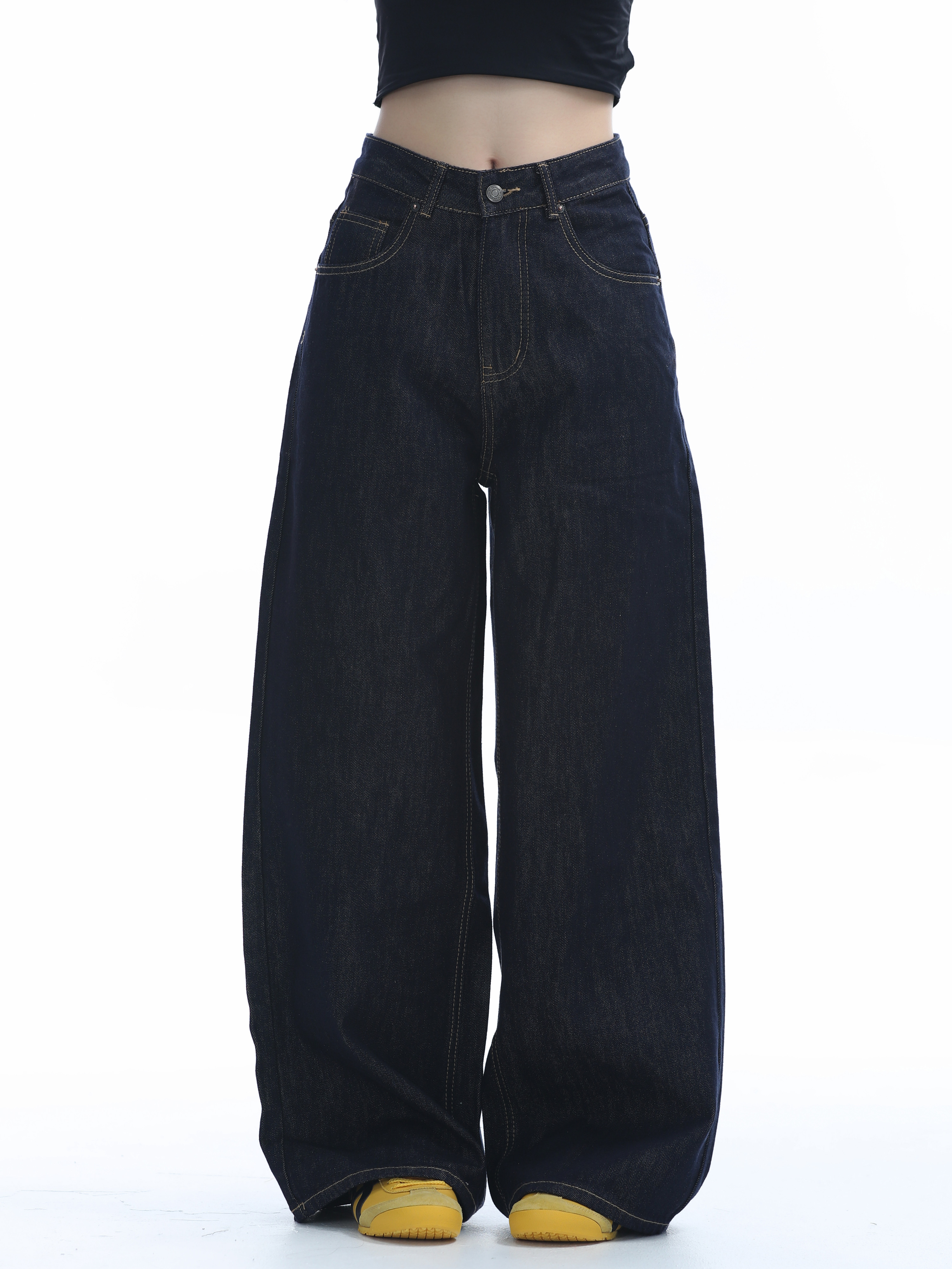 High-Waisted American Retro Wide-Leg Jeans for Women, Casual Draped Floor-Length Pants in Lazy Style