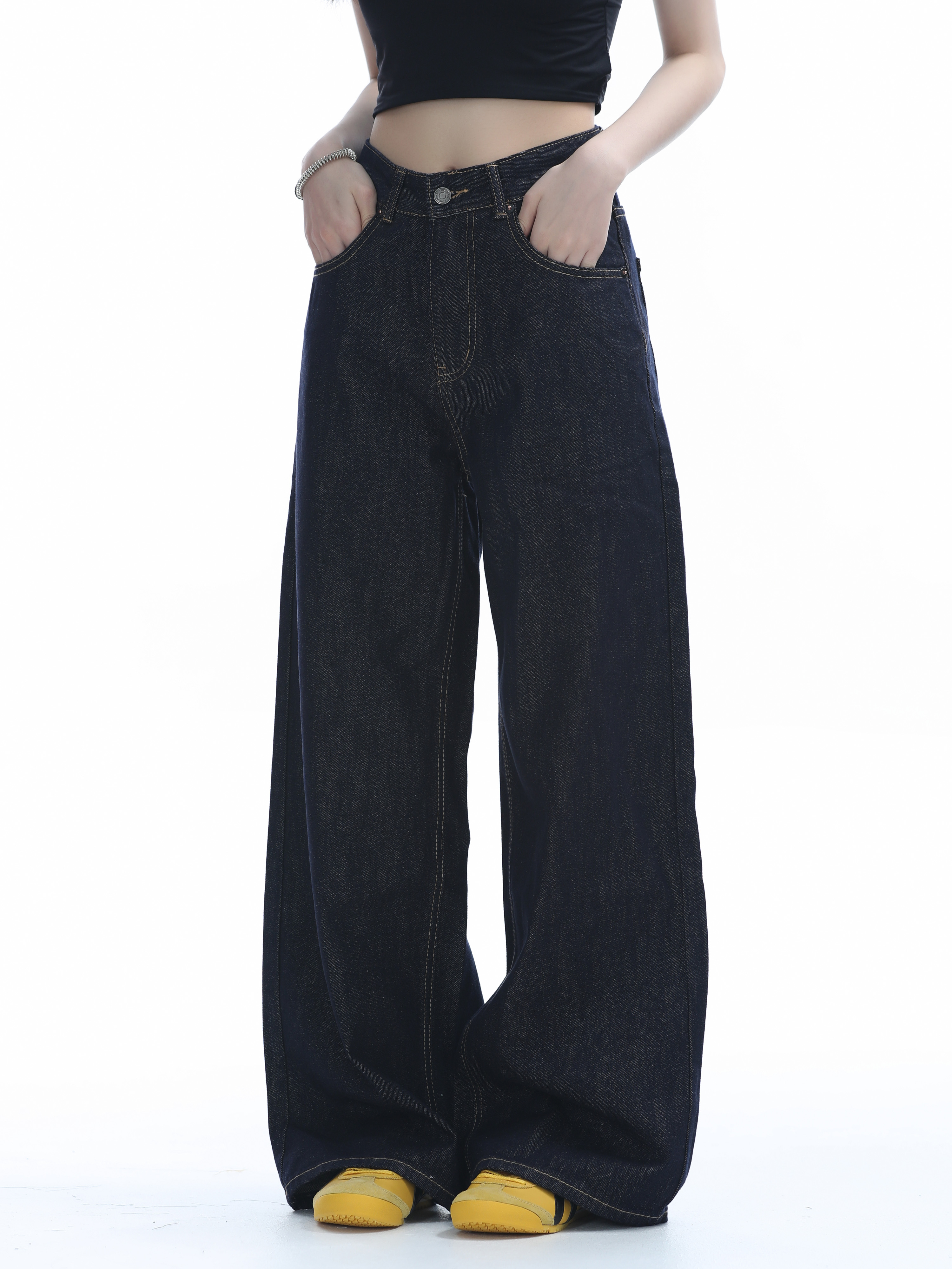 High-Waisted American Retro Wide-Leg Jeans for Women, Casual Draped Floor-Length Pants in Lazy Style