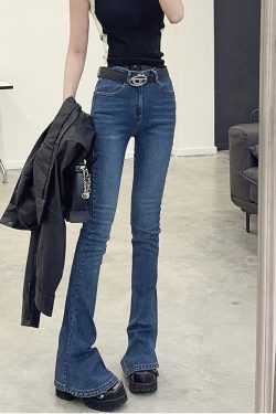 High-Waisted Black Flared Skinny Jeans for Women - Elongating, Slimming, Floor-Length, Trendy 90s Style