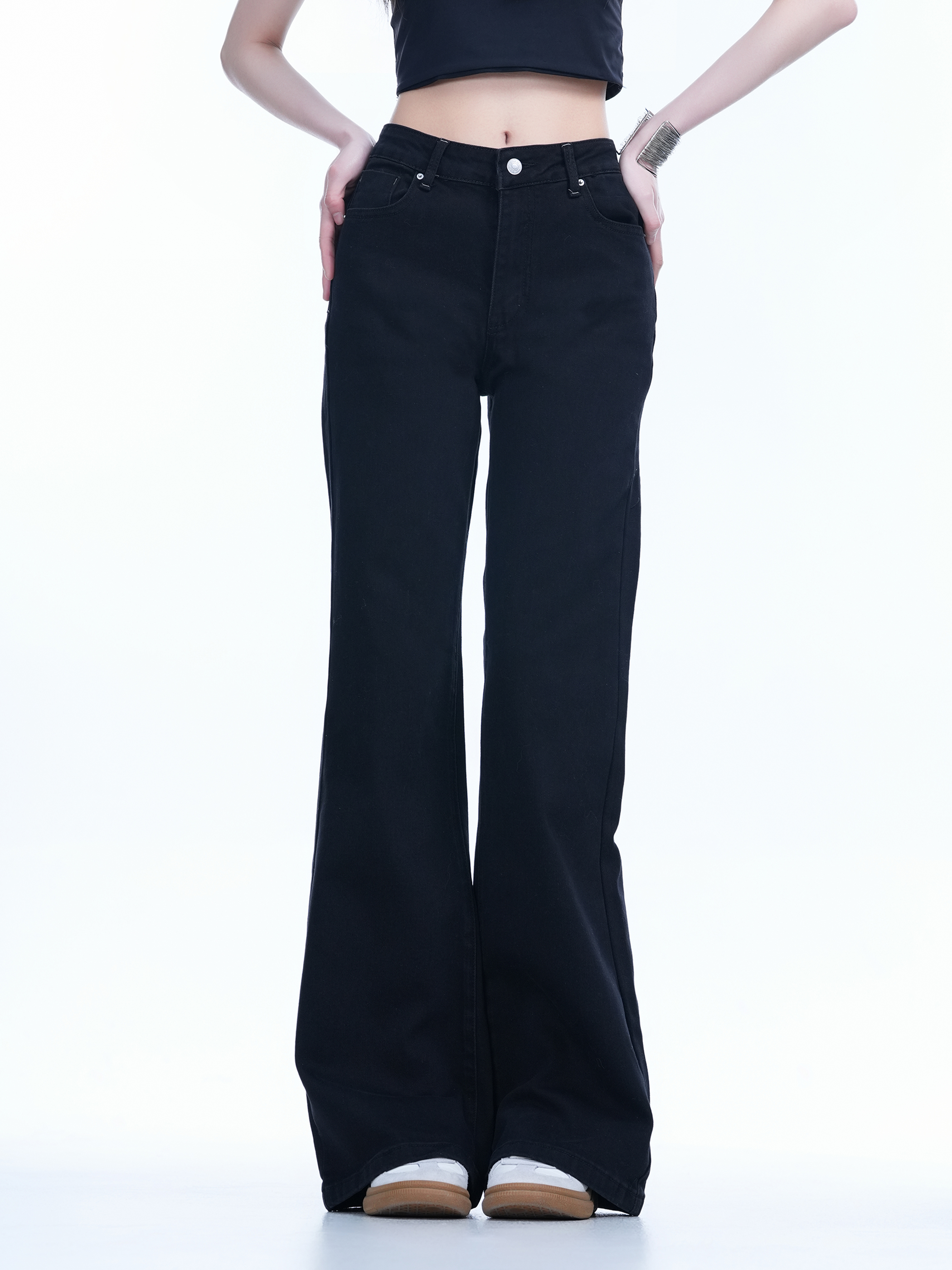 High-Waisted Retro Black Flared Jeans for Women, Slimming Floor-Length Summer Style, 90s Inspired Fashion