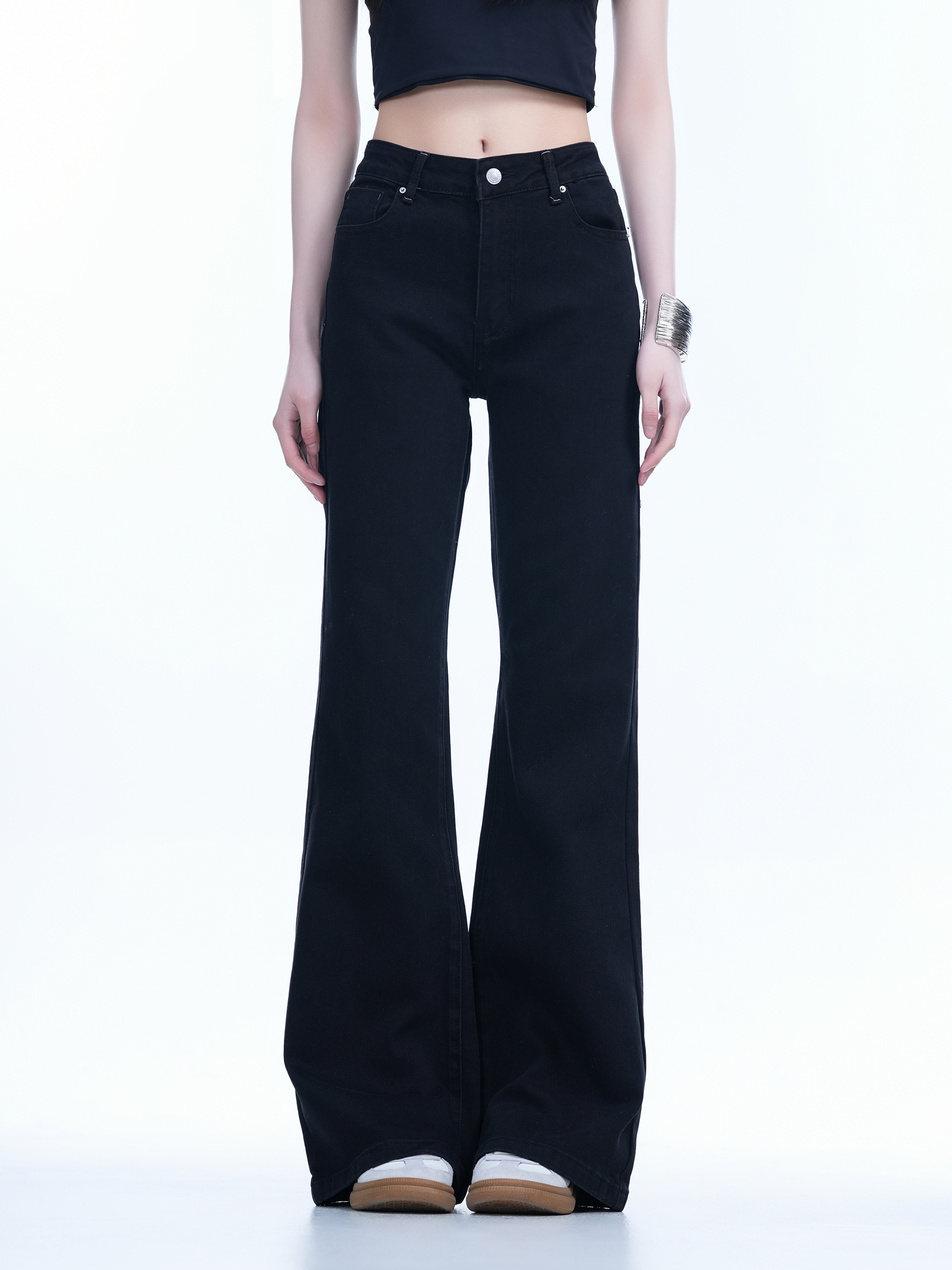 High-Waisted Retro Black Flared Jeans for Women, Slimming Floor-Length Summer Style, 90s Inspired Fashion