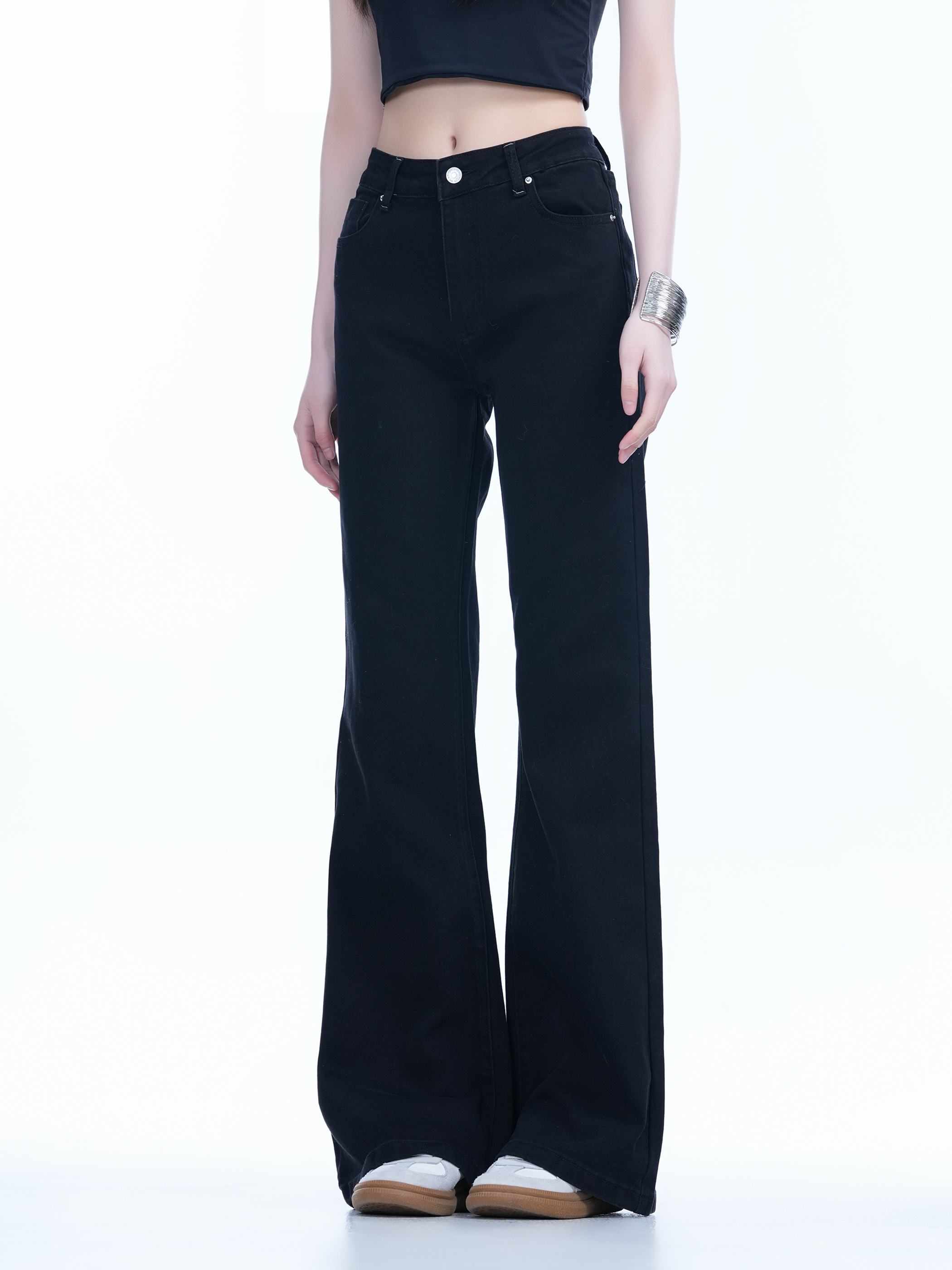 High-Waisted Retro Black Flared Jeans for Women, Slimming Floor-Length Summer Style, 90s Inspired Fashion