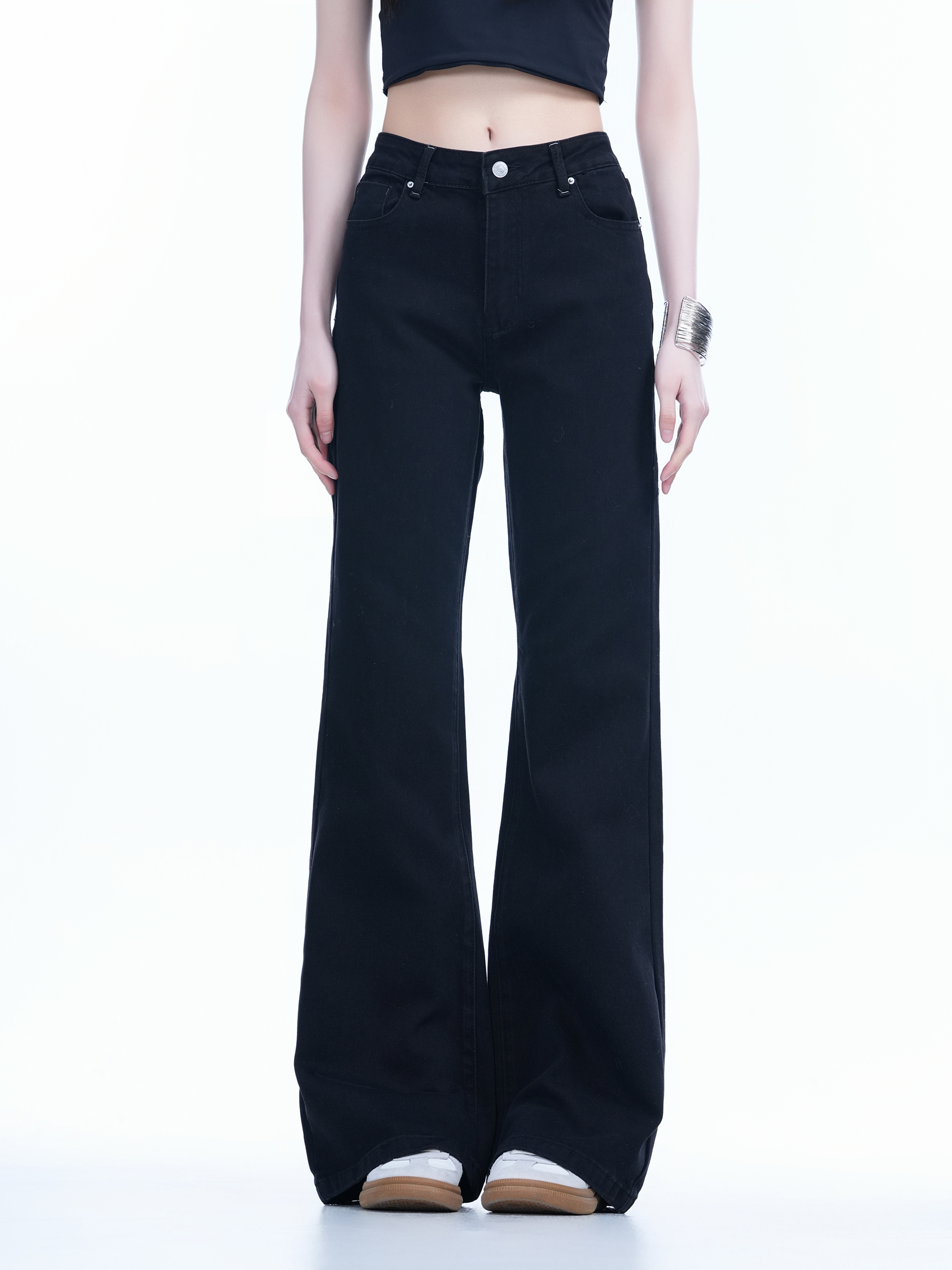 High-Waisted Retro Black Flared Jeans for Women, Slimming Floor-Length Summer Style, 90s Inspired Fashion