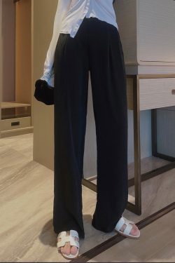 High-Waisted Straight-Leg Anti-Wrinkle Floor-Length Pants with Loose Fit and Pockets for Women - Casual Spring Summer 2025 Style