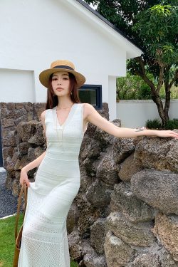 High-Waisted V-Neck Tencel Knit Hollow Dress - Slim Fit Long Skirt for Women, Perfect for Spring and Summer Style