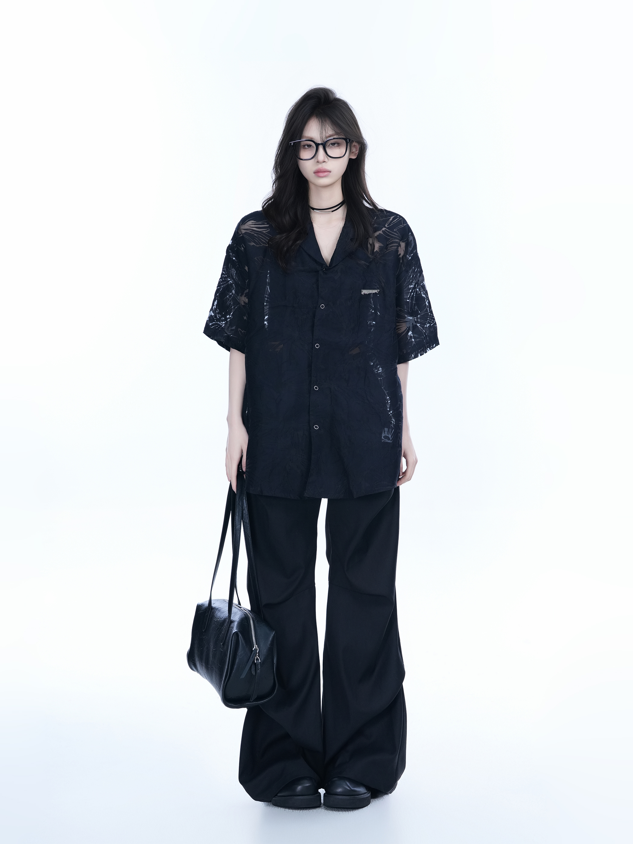 Hollow Semi-Transparent Short Sleeve Shirt for Women - National Trend Lightweight Loose Blouse for Summer, Y2K Style