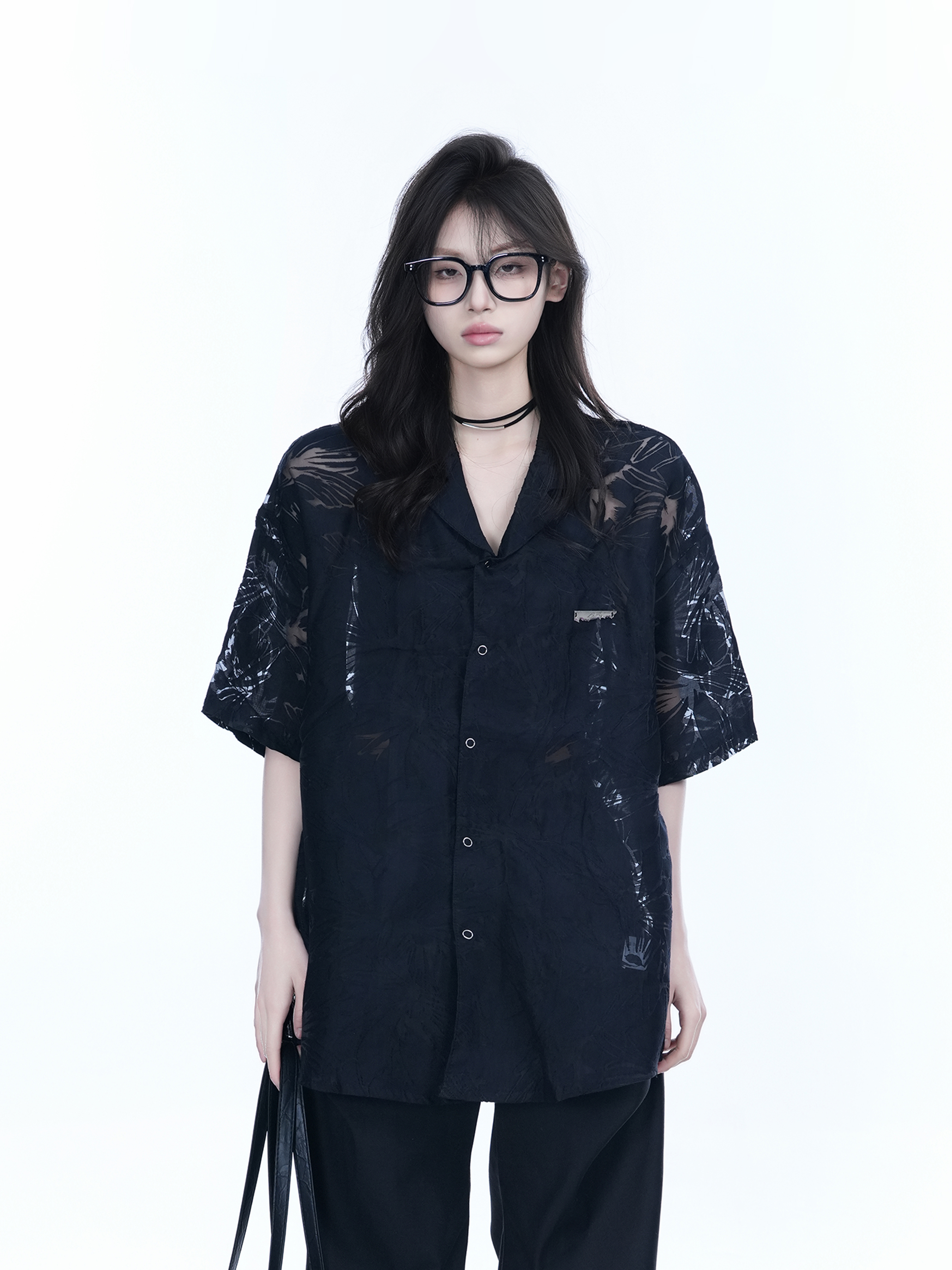 Hollow Semi-Transparent Short Sleeve Shirt for Women - National Trend Lightweight Loose Blouse for Summer, Y2K Style