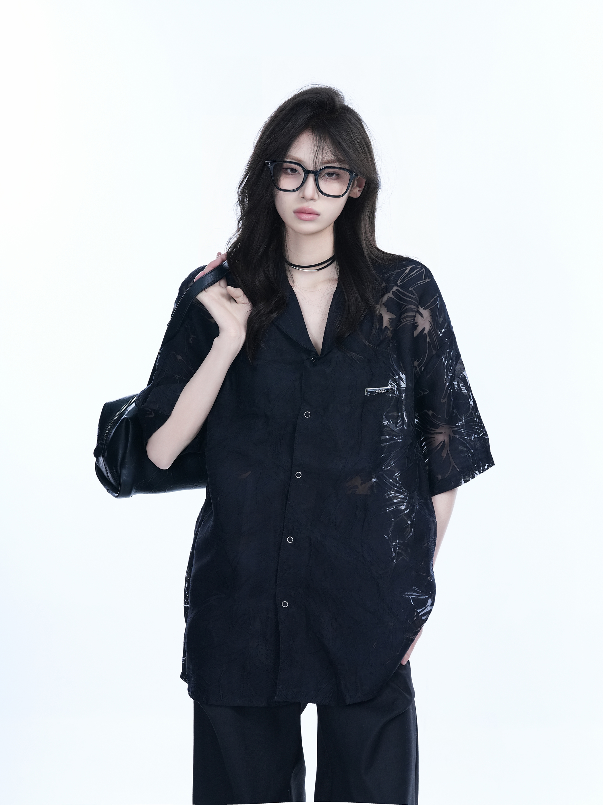 Hollow Semi-Transparent Short Sleeve Shirt for Women - National Trend Lightweight Loose Blouse for Summer, Y2K Style