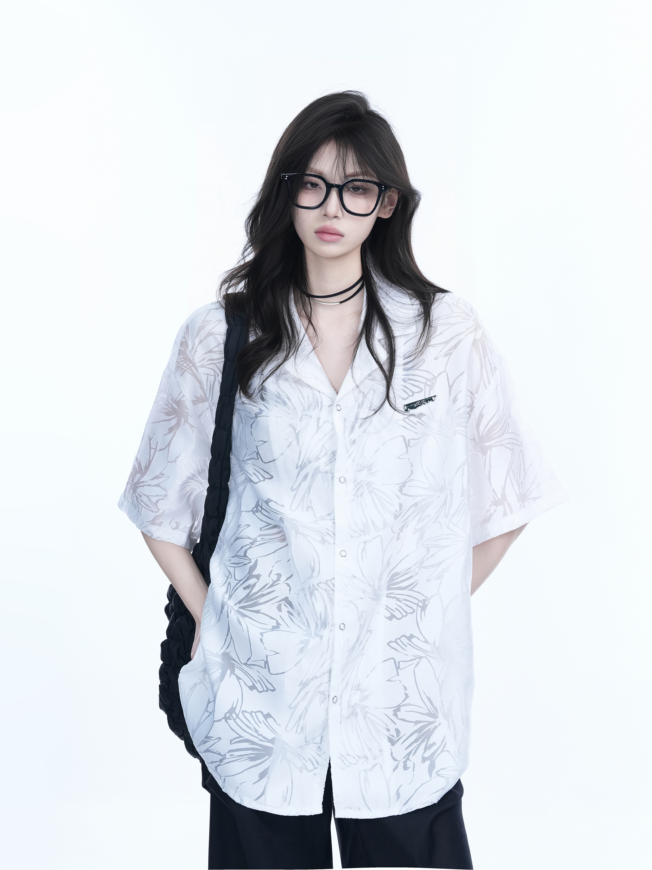 Hollow Semi-Transparent Short Sleeve Shirt for Women - National Trend Lightweight Loose Blouse for Summer, Y2K Style